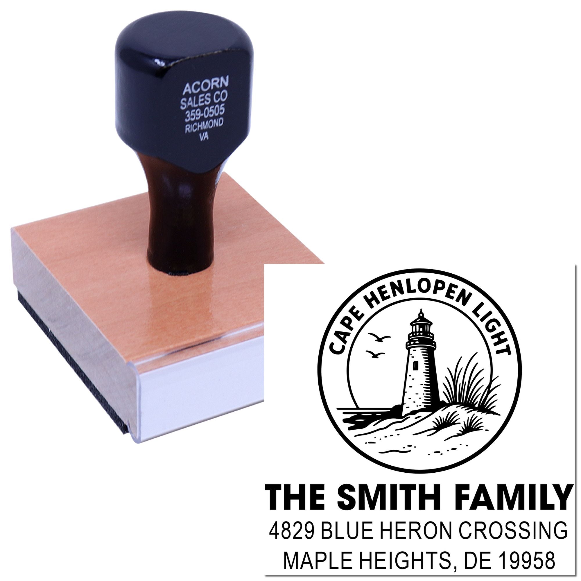 Custom self-inking address rubber stamp for The Smith Family with Cape Henlopen Lighthouse design and mailing address.