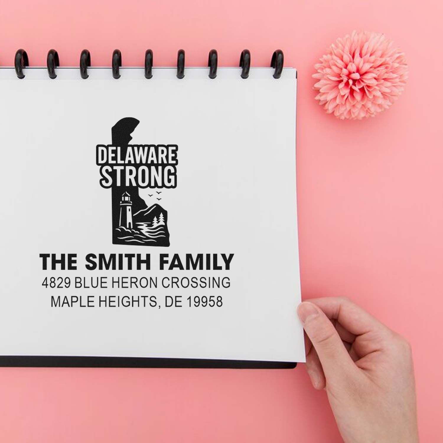 Custom Delaware Strong family address rubber stamp with lighthouse design for The Smith Family in Maple Heights, DE