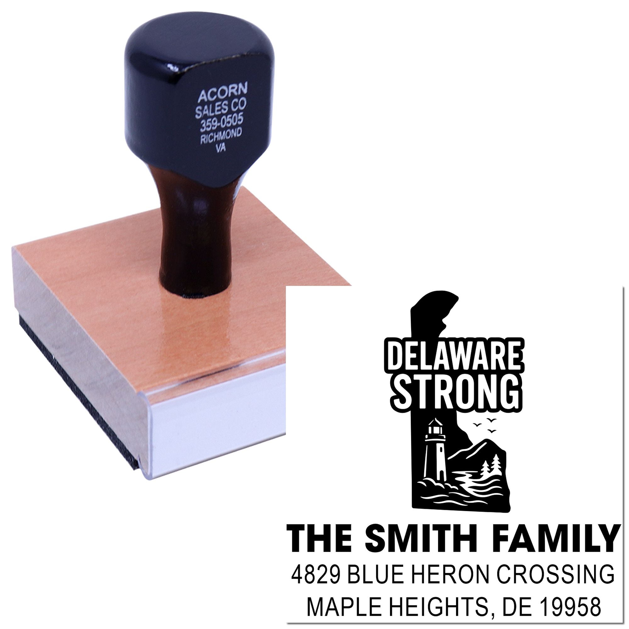Custom rubber stamp with Delaware Strong personalized address design and clear imprint for return mailing use.