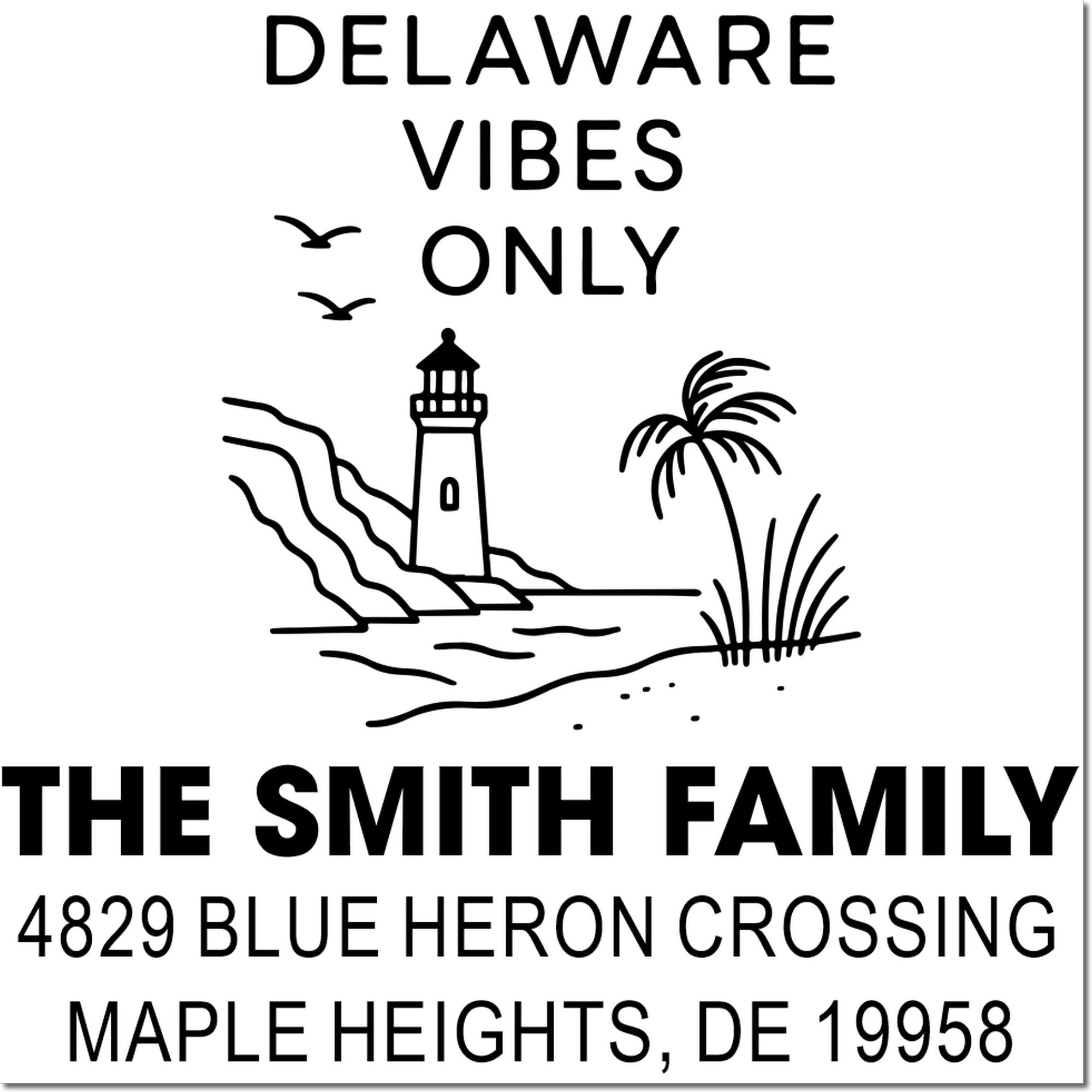 Custom Delaware return address rubber stamp with lighthouse, beach scene, and The Smith Family address.