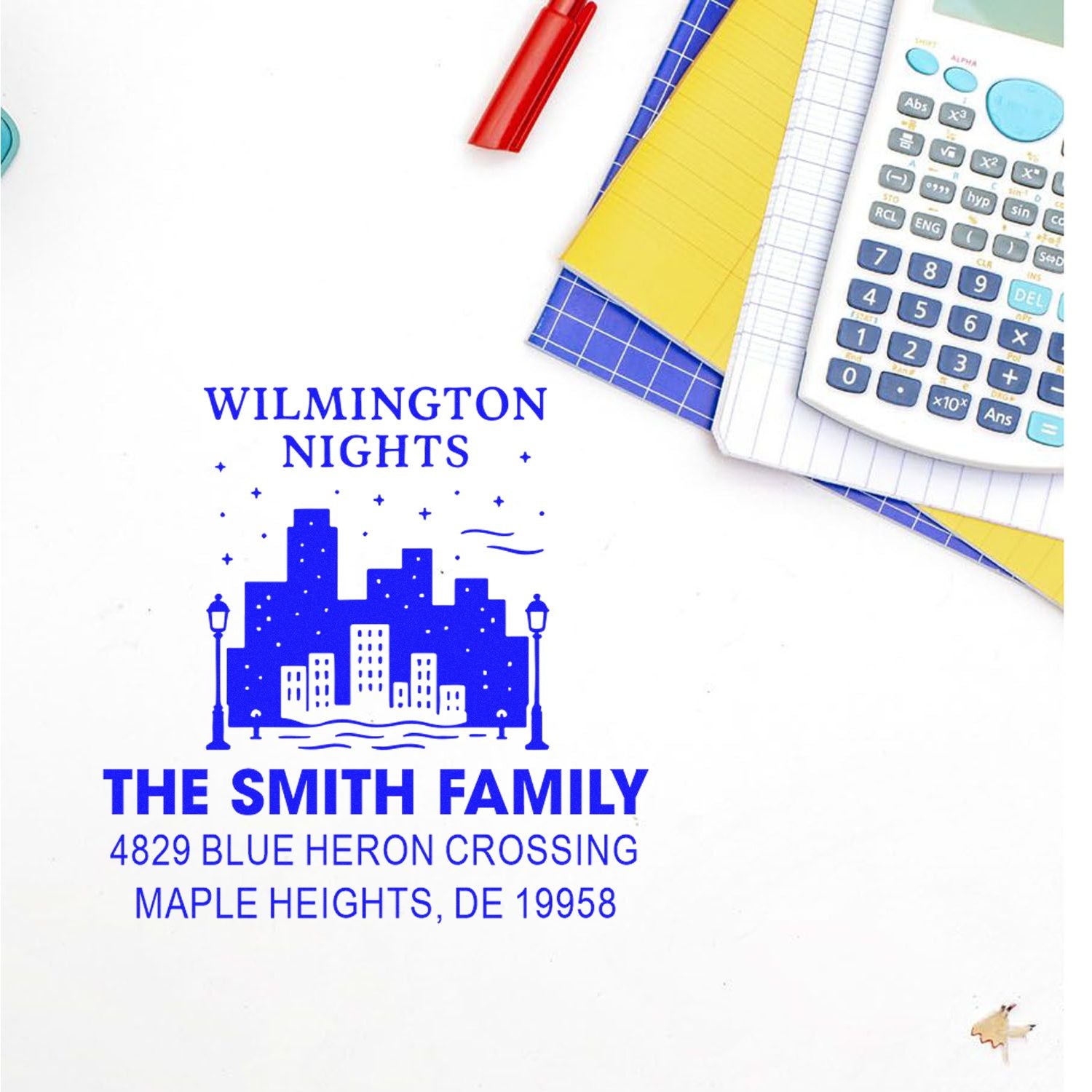 Custom return address rubber stamp for The Smith Family, Wilmington Nights design, Maple Heights, DE 19958.