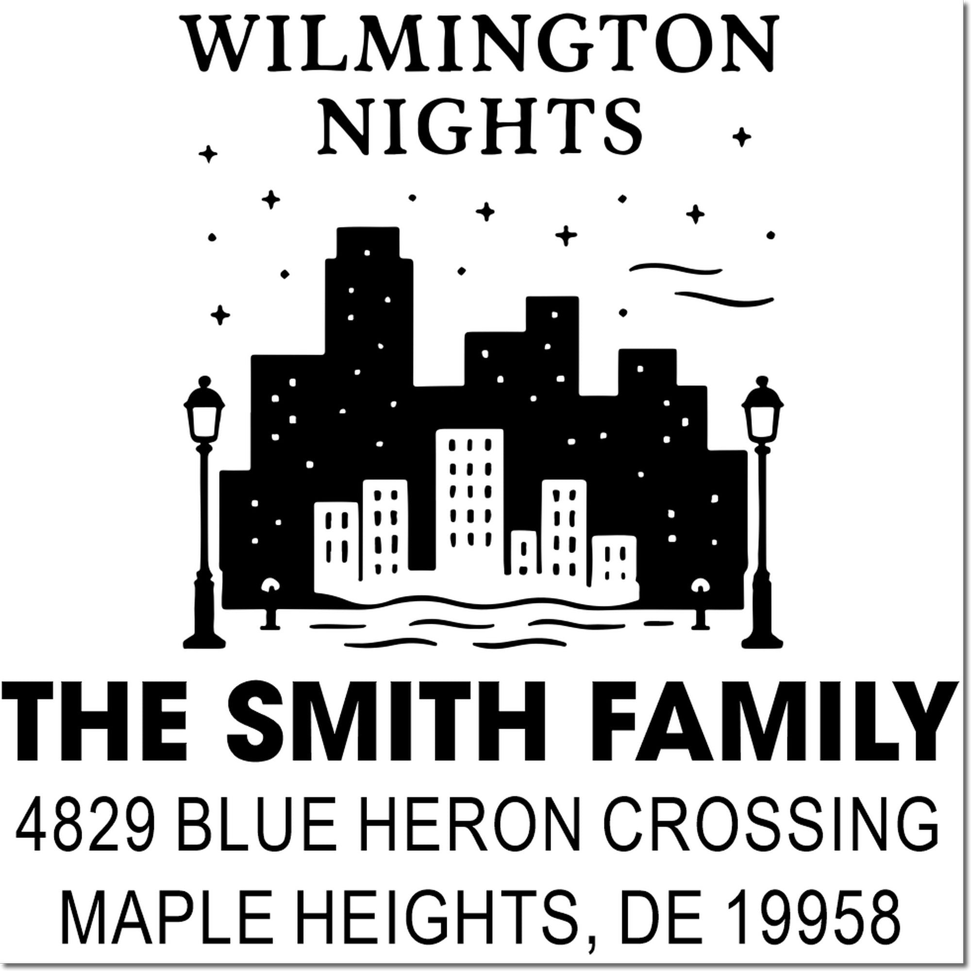 Custom return address rubber stamp for The Smith Family, Wilmington Nights, 4829 Blue Heron Crossing, Maple Heights, DE 19958.