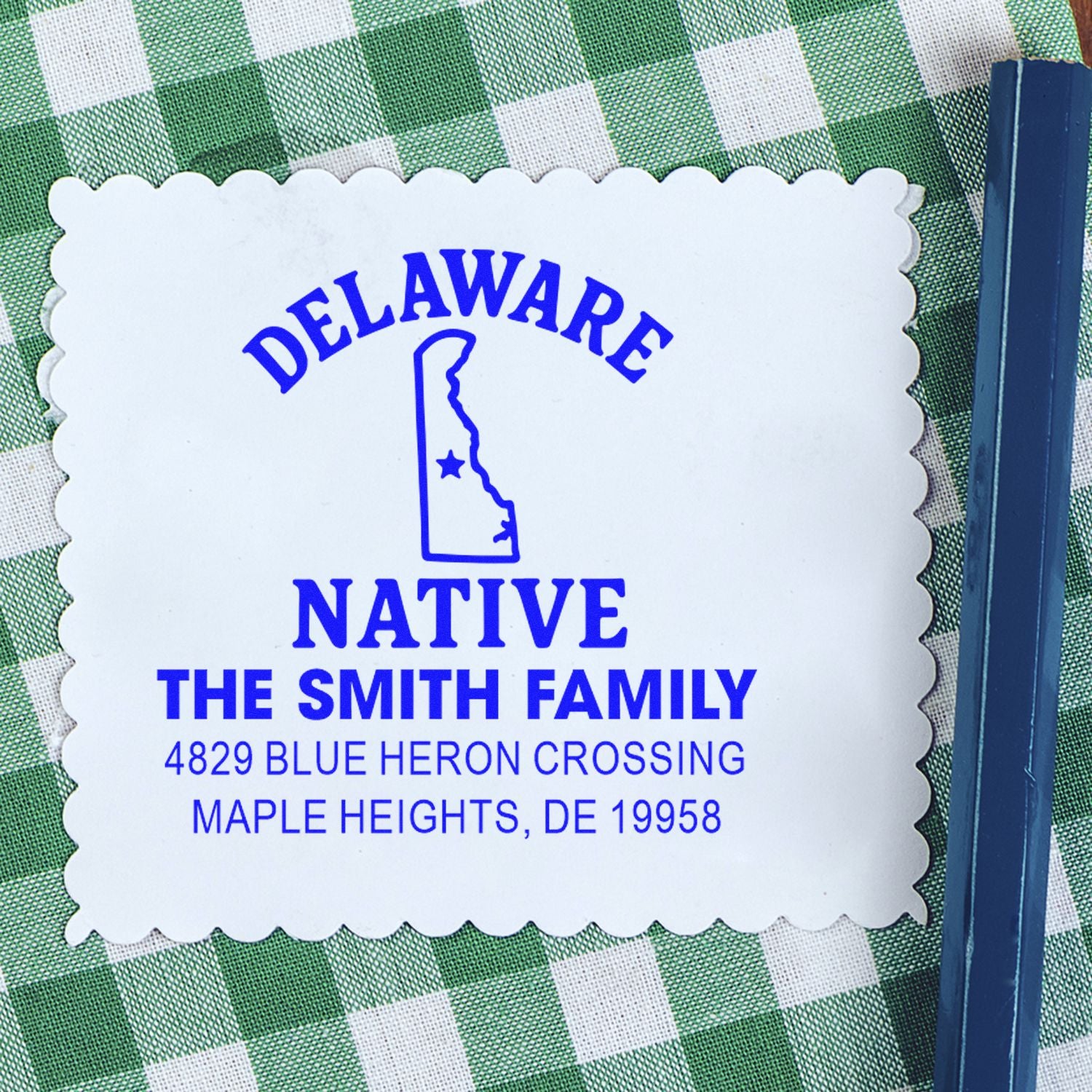 Custom Delaware native return address rubber stamp for The Smith Family, featuring Maple Heights, DE address in blue ink.
