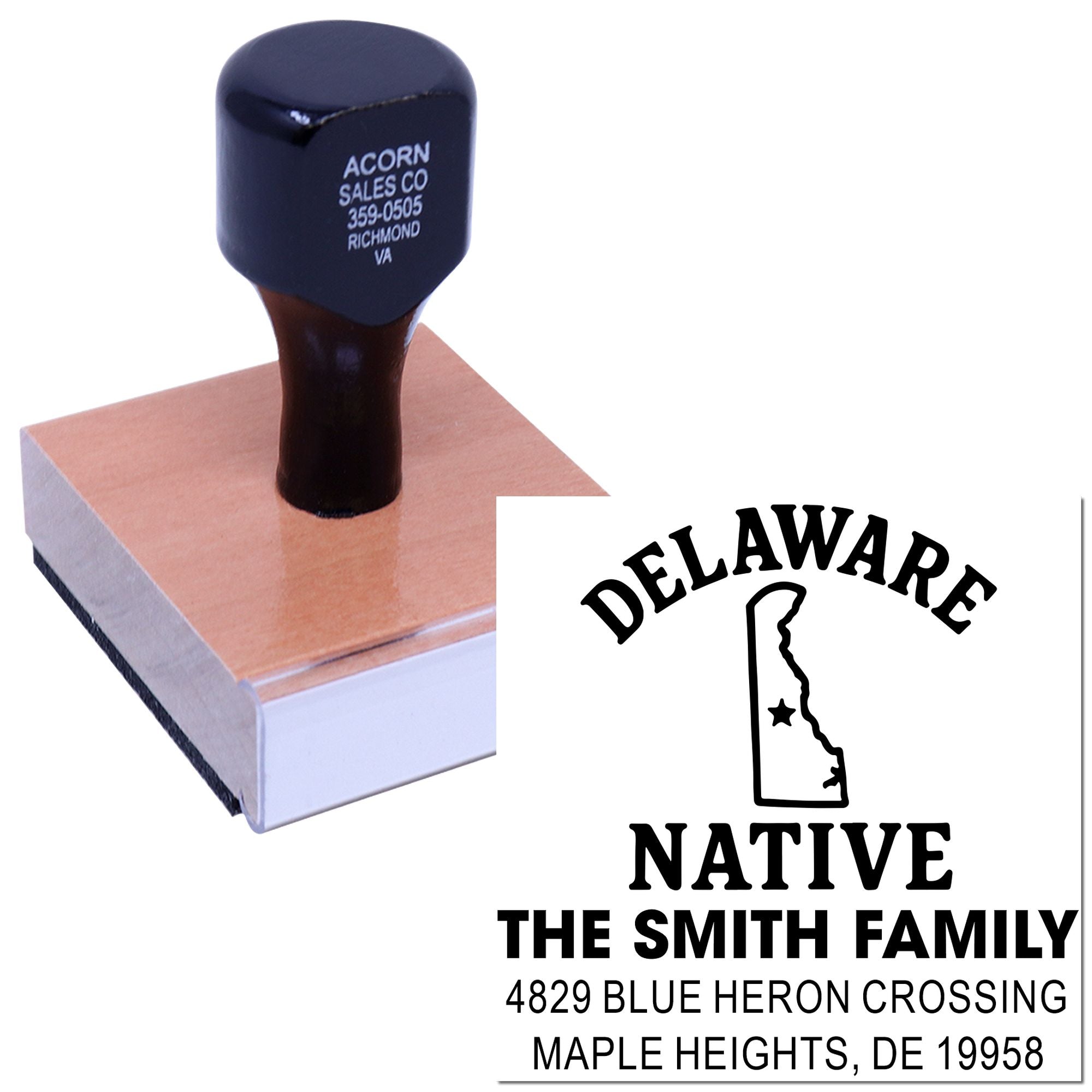 Personalized rubber address stamp featuring Delaware Native family design and full mailing address