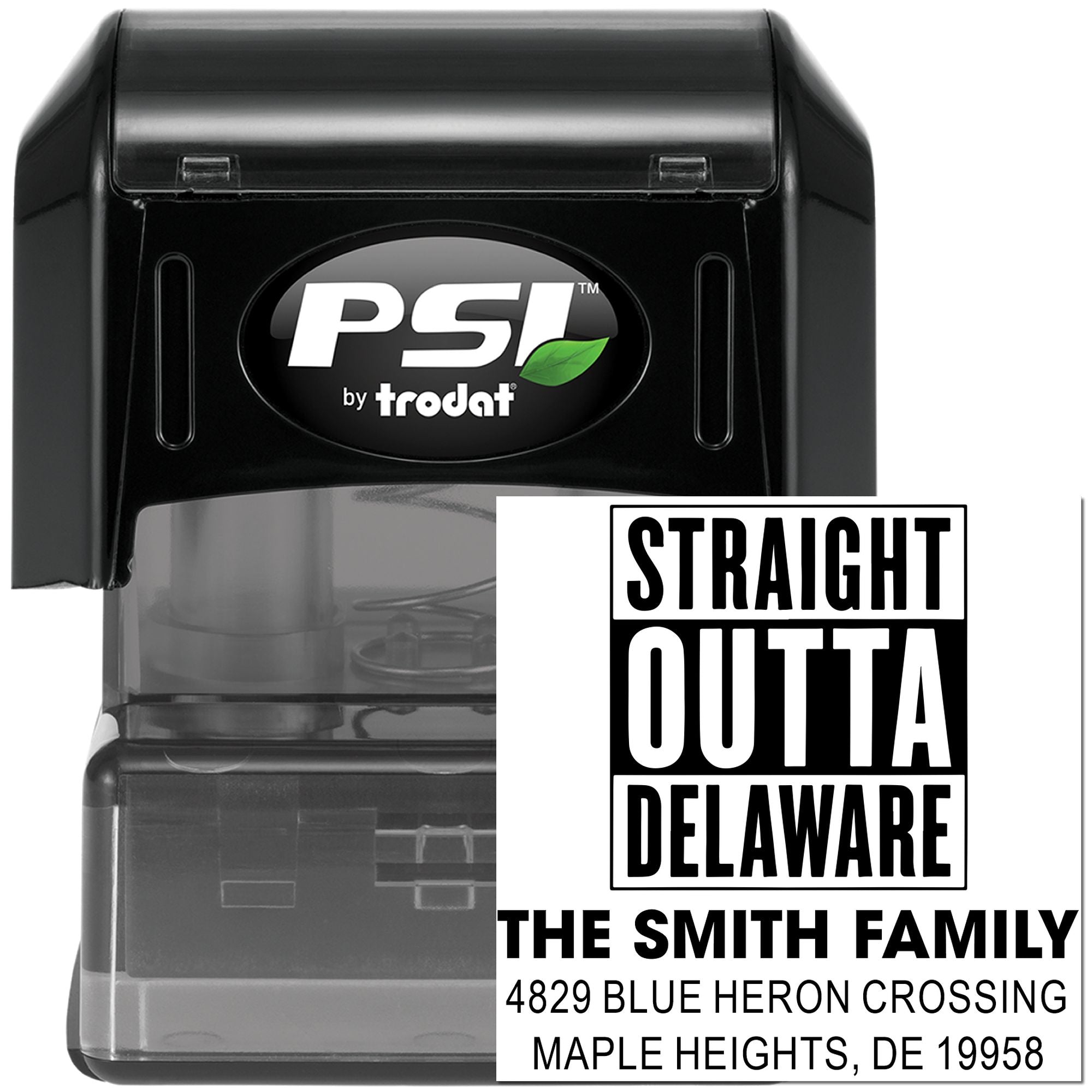 Custom self-inking address stamp with Straight Outta Delaware design for The Smith Family, Maple Heights, DE.