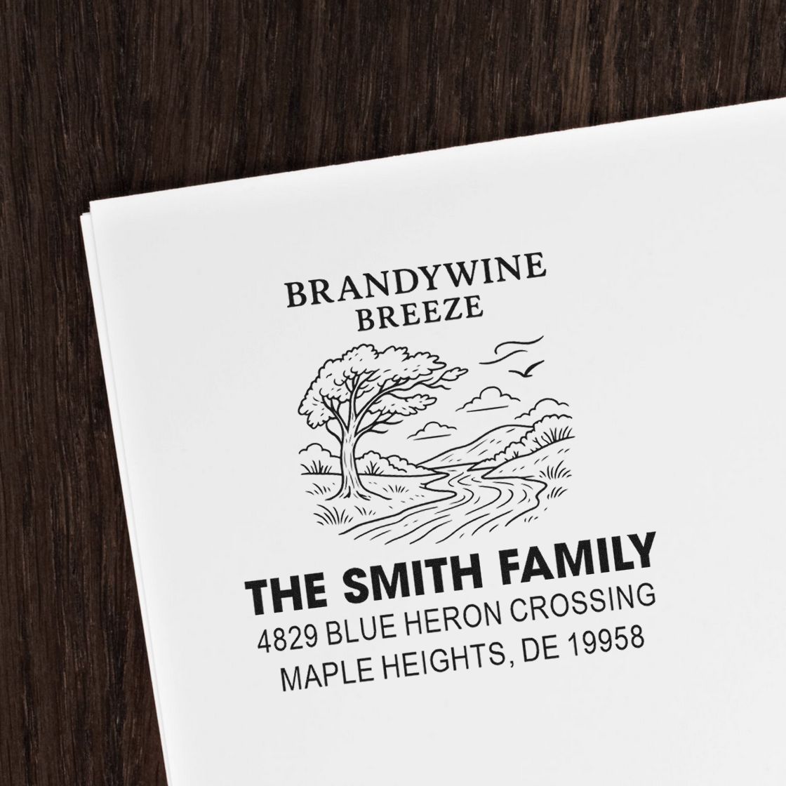 Personalized family address rubber stamp with Brandywine Breeze design for The Smith Family, Maple Heights, DE mail and stationery.
