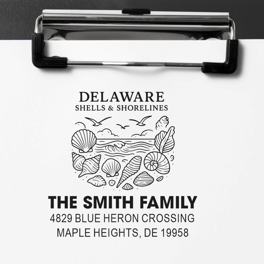 Custom coastal return address rubber stamp with Delaware shells and shorelines design for The Smith Family.