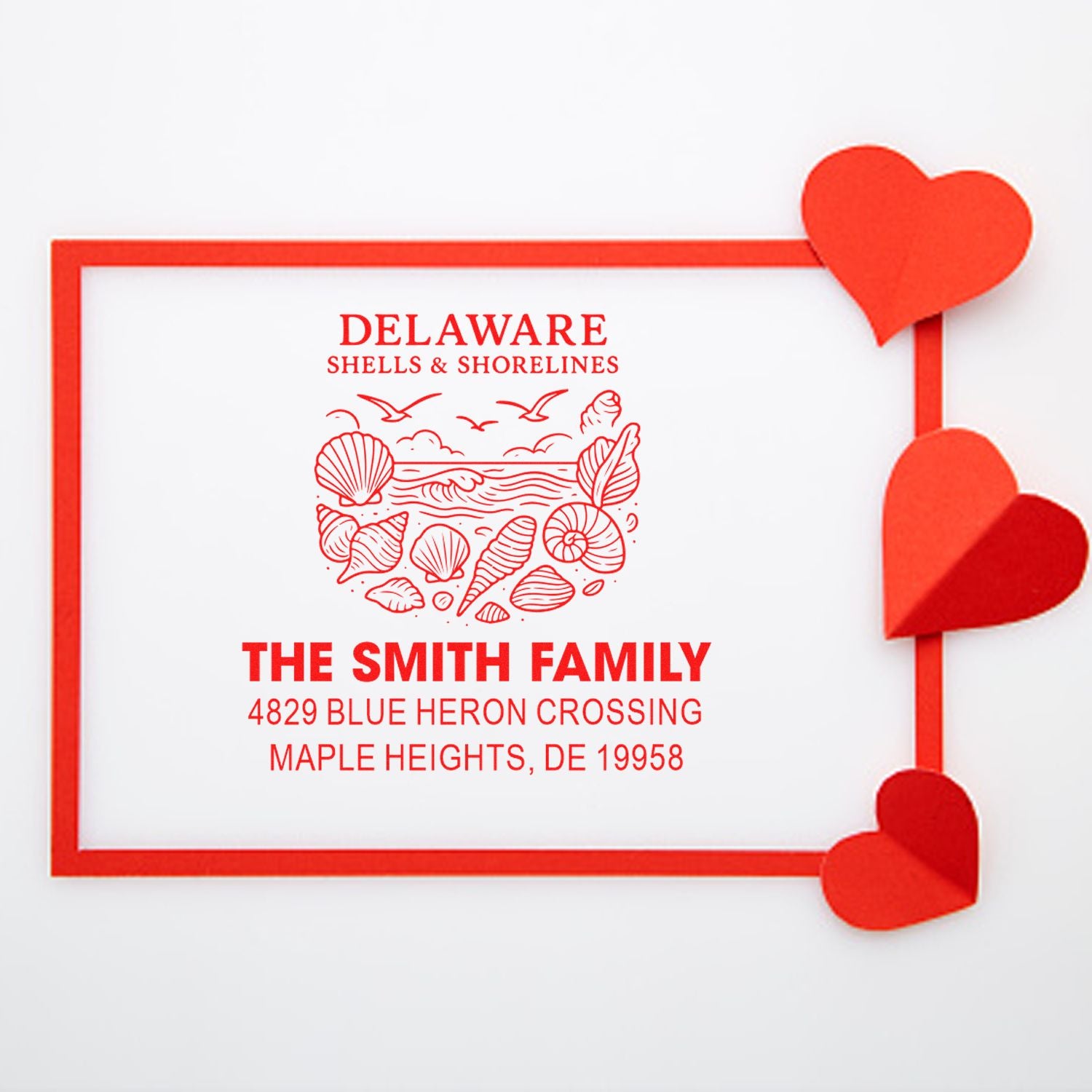 Custom Delaware family return address rubber stamp with shells and shoreline design, personalized Smith family address stamp.
