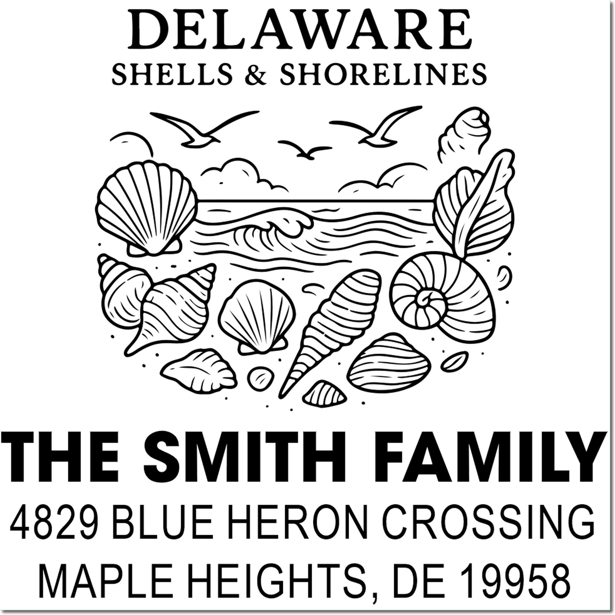 Custom Delaware shells and shorelines family address rubber stamp with seashells, waves, and coastal design.