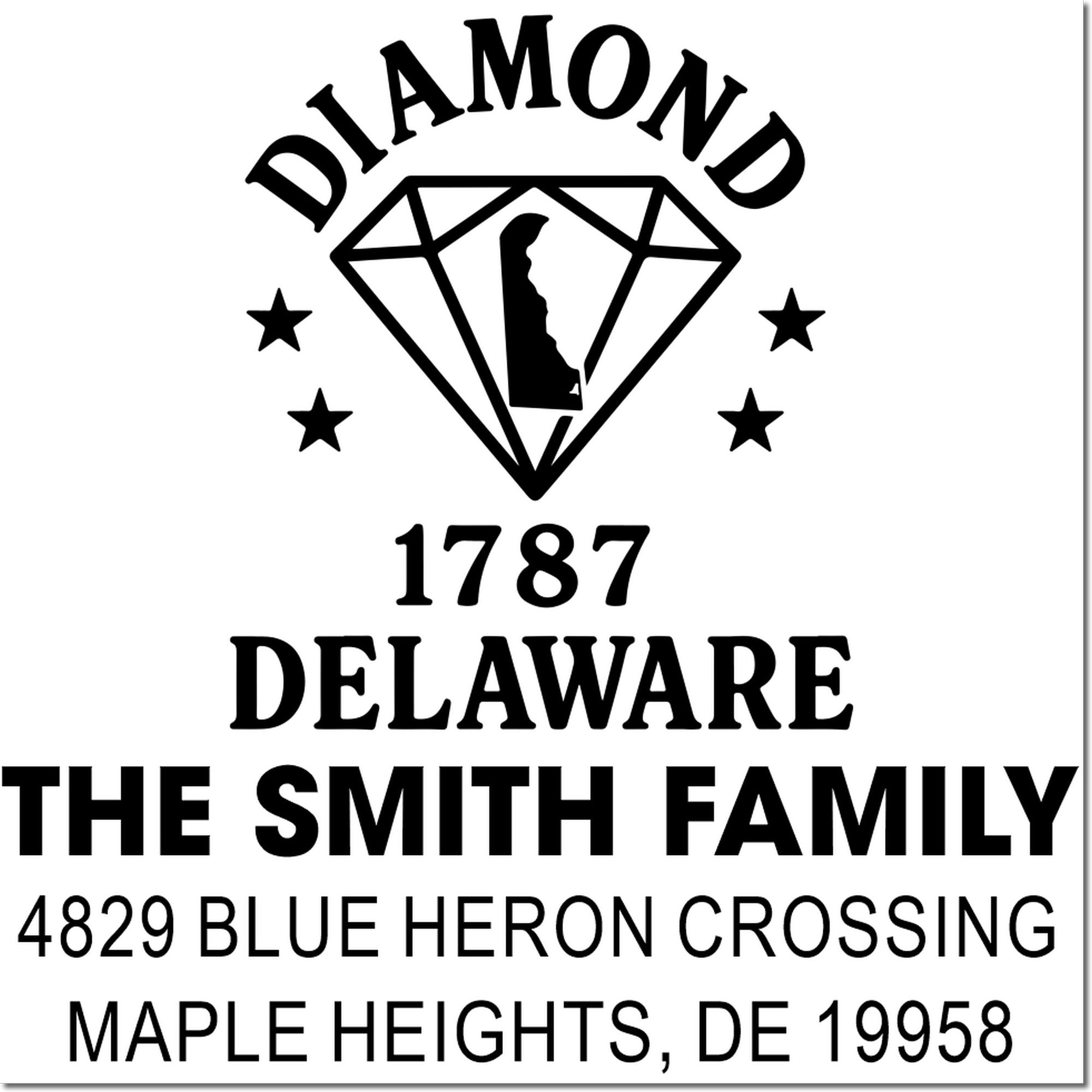 Custom family address rubber stamp with diamond logo for The Smith Family, Maple Heights, DE 19958