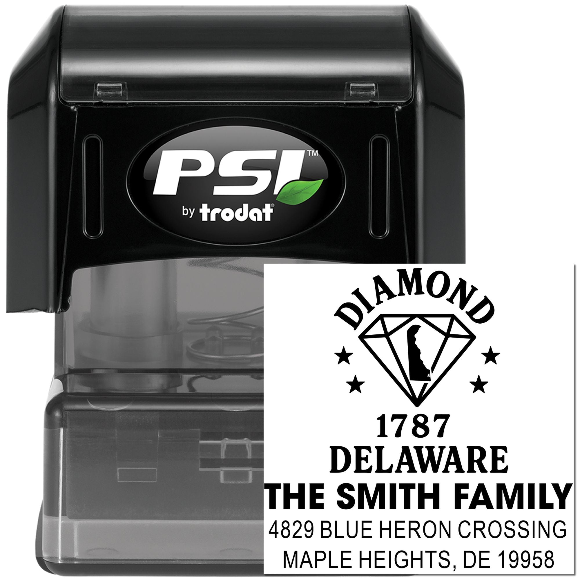 Custom self-inking rubber stamp by PSI Trodat with diamond logo, Smith Family Delaware address stamp and 1787 date.