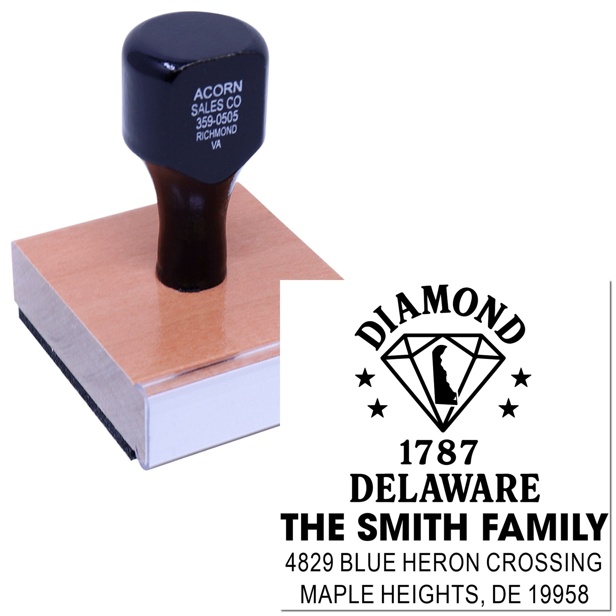 Custom self-inking address rubber stamp with diamond family crest, family name, and Delaware return address for mailings.