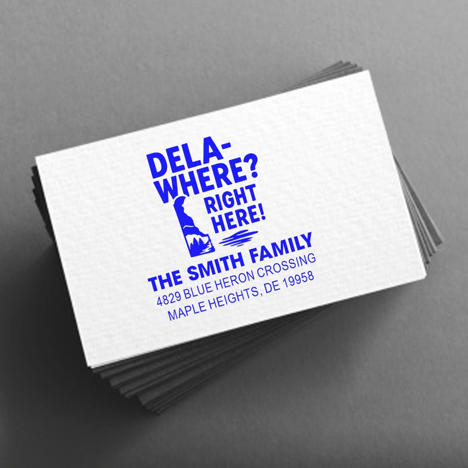 Custom address rubber stamp for The Smith Family featuring a Delaware pun and return address, ideal for mailing and envelopes.