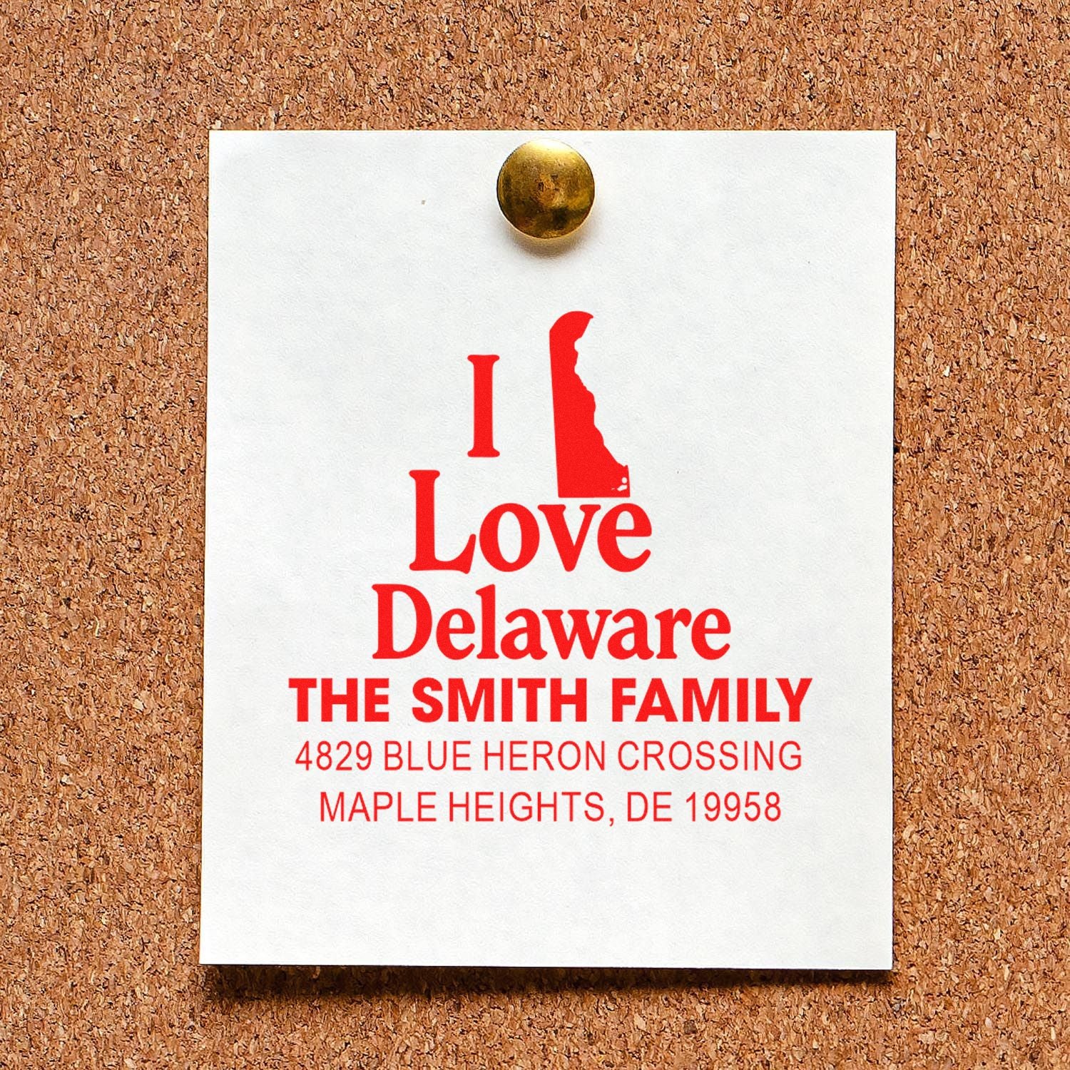 Custom I Love Delaware return address rubber stamp for The Smith Family in Maple Heights, DE.