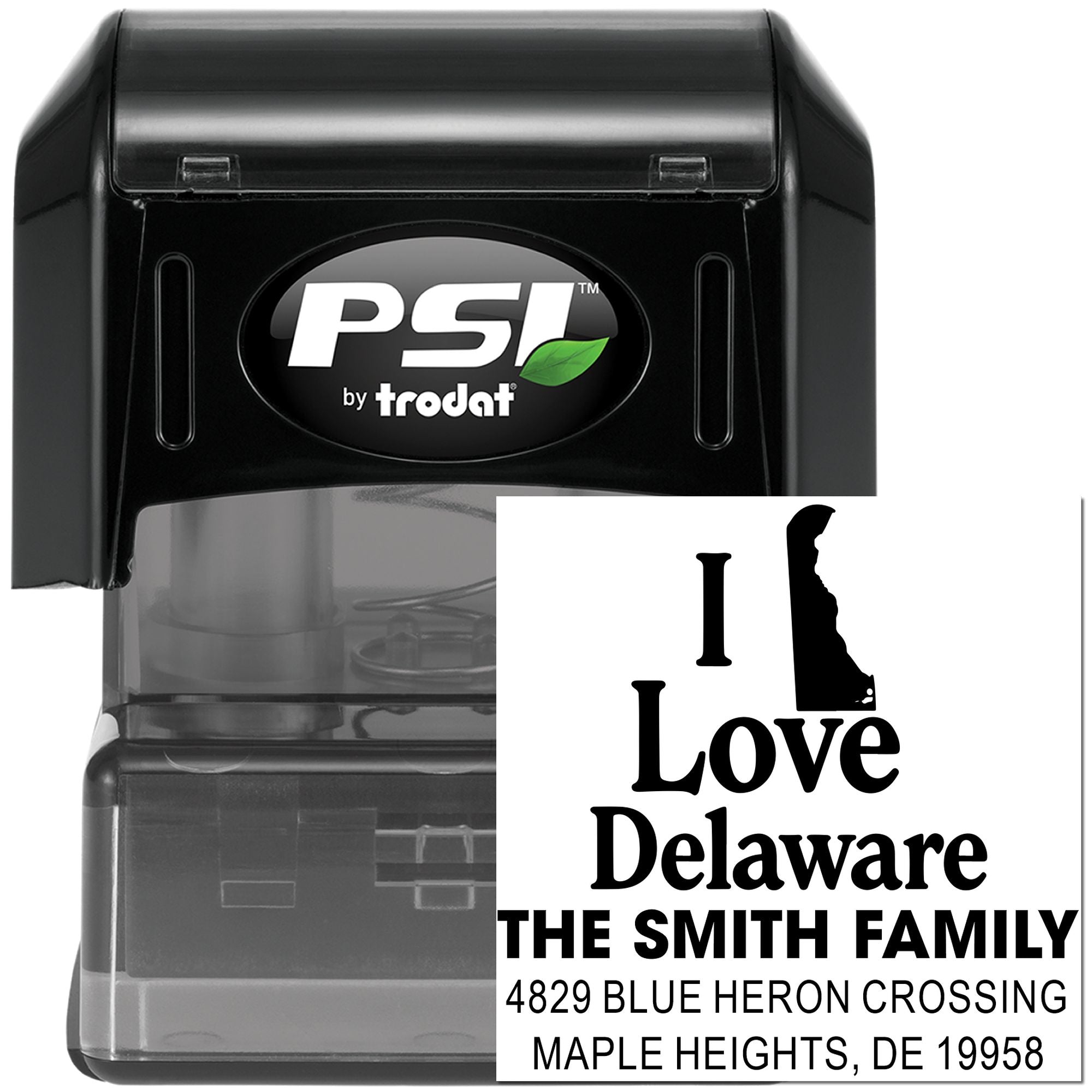 Custom self-inking rubber stamp with "I Love Delaware" design and return address for The Smith Family, PSI by Trodat.