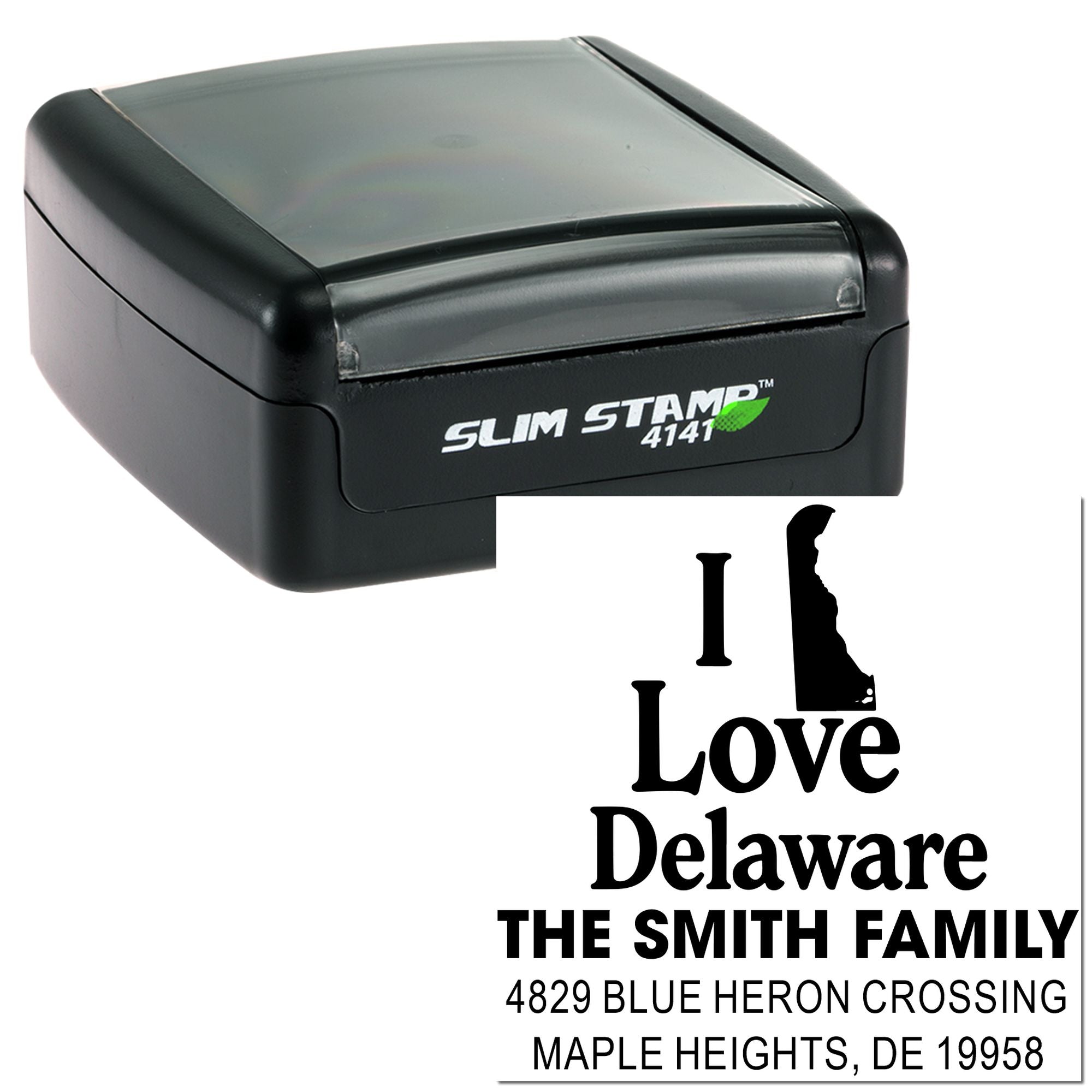Custom self-inking rubber stamp with "I Love Delaware" and Smith family address for personalized mailing.
