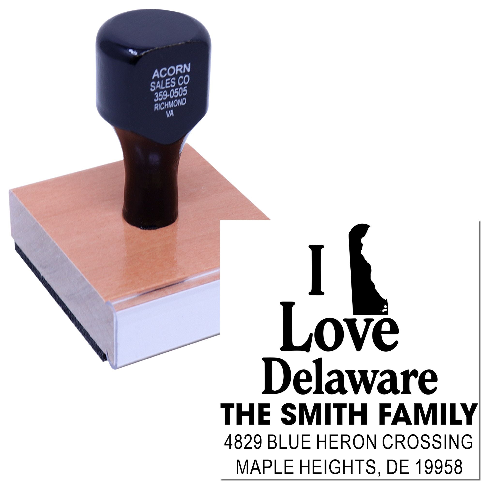 Personalized I Love Delaware rubber stamp with family name and return address for custom mailings.