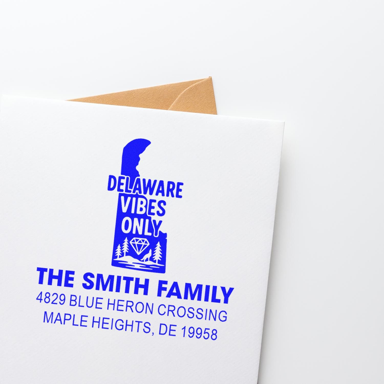 Custom Delaware address rubber stamp with family name, return address, and state silhouette design in blue ink.
