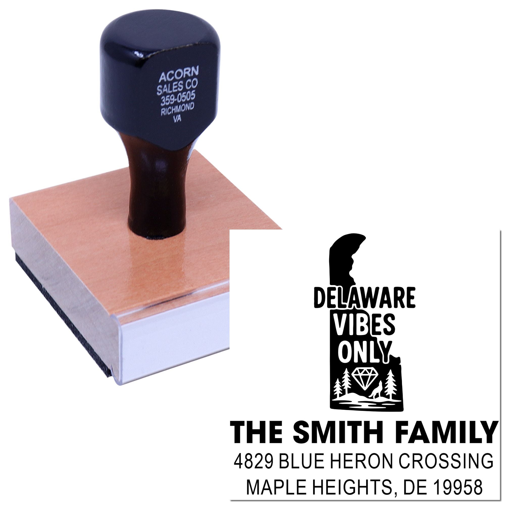 Custom rubber stamp with Delaware Vibes Only design and The Smith Family address for personalized return mailing.