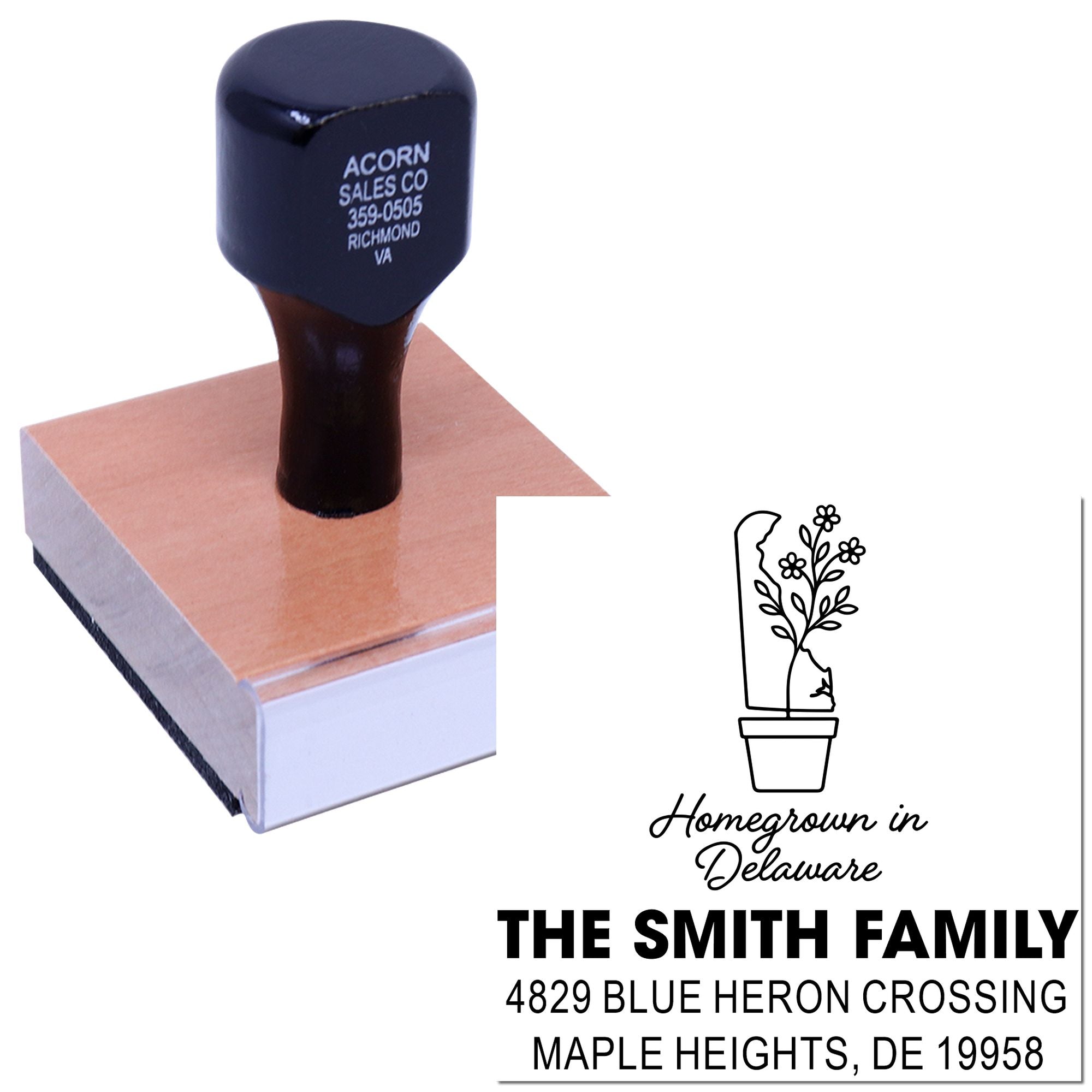Custom address rubber stamp for The Smith Family, Homegrown in Delaware, with potted plant design.