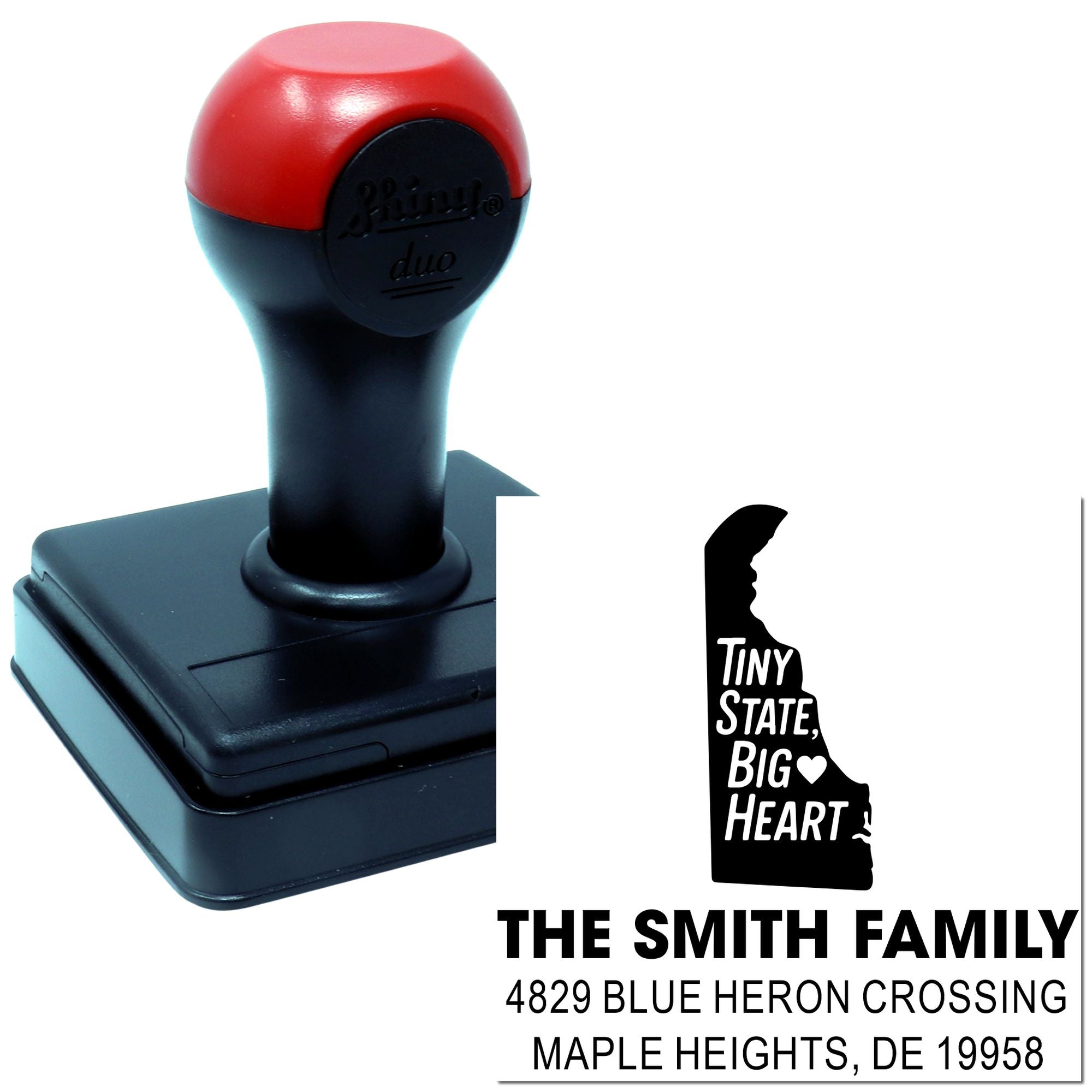 Custom self-inking address rubber stamp with Delaware state design for The Smith Family mailing address.