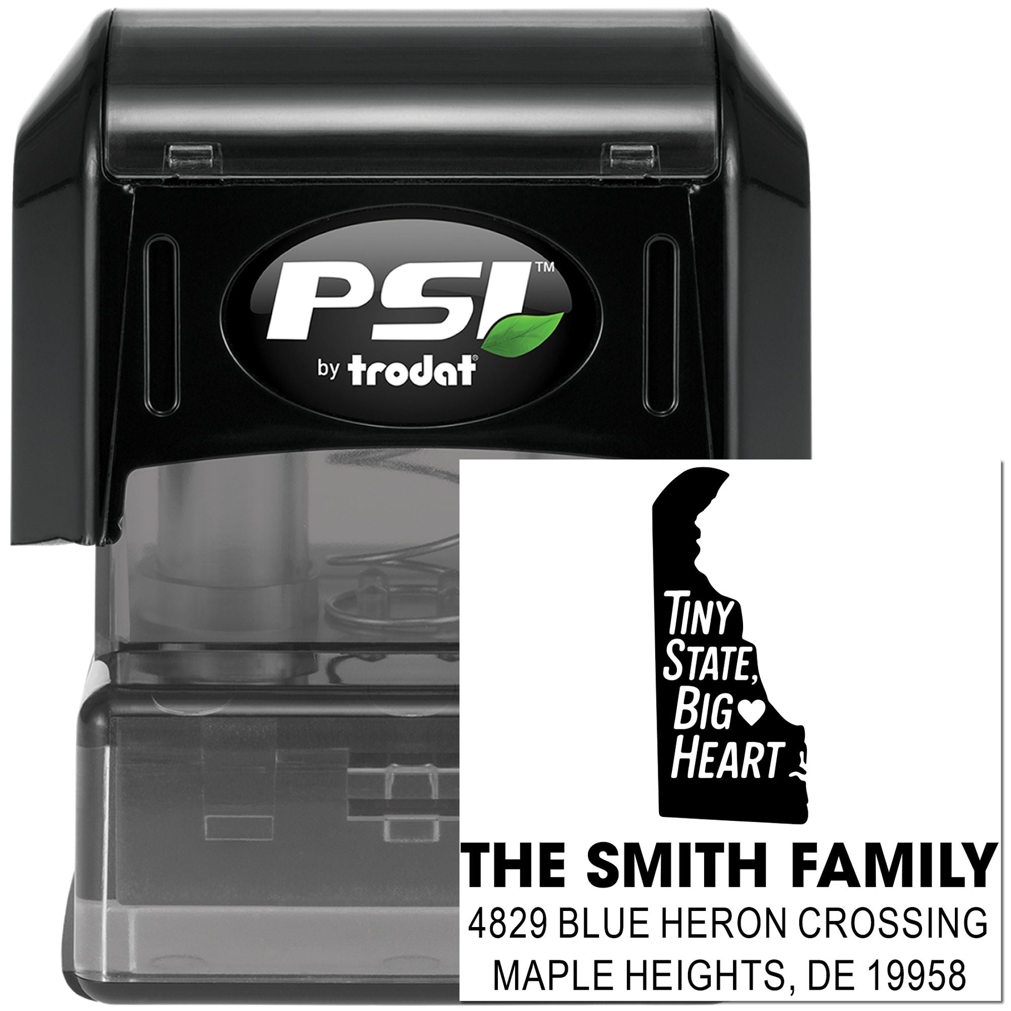 Custom Delaware self-inking rubber stamp by PSI Trodat with state design, family name, and address imprint.