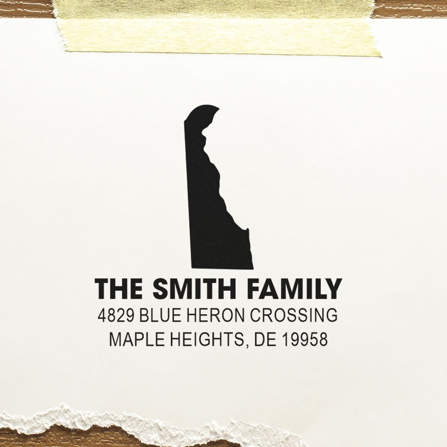 Custom family return address rubber stamp with Delaware silhouette, Smith family name, and Maple Heights, DE address.