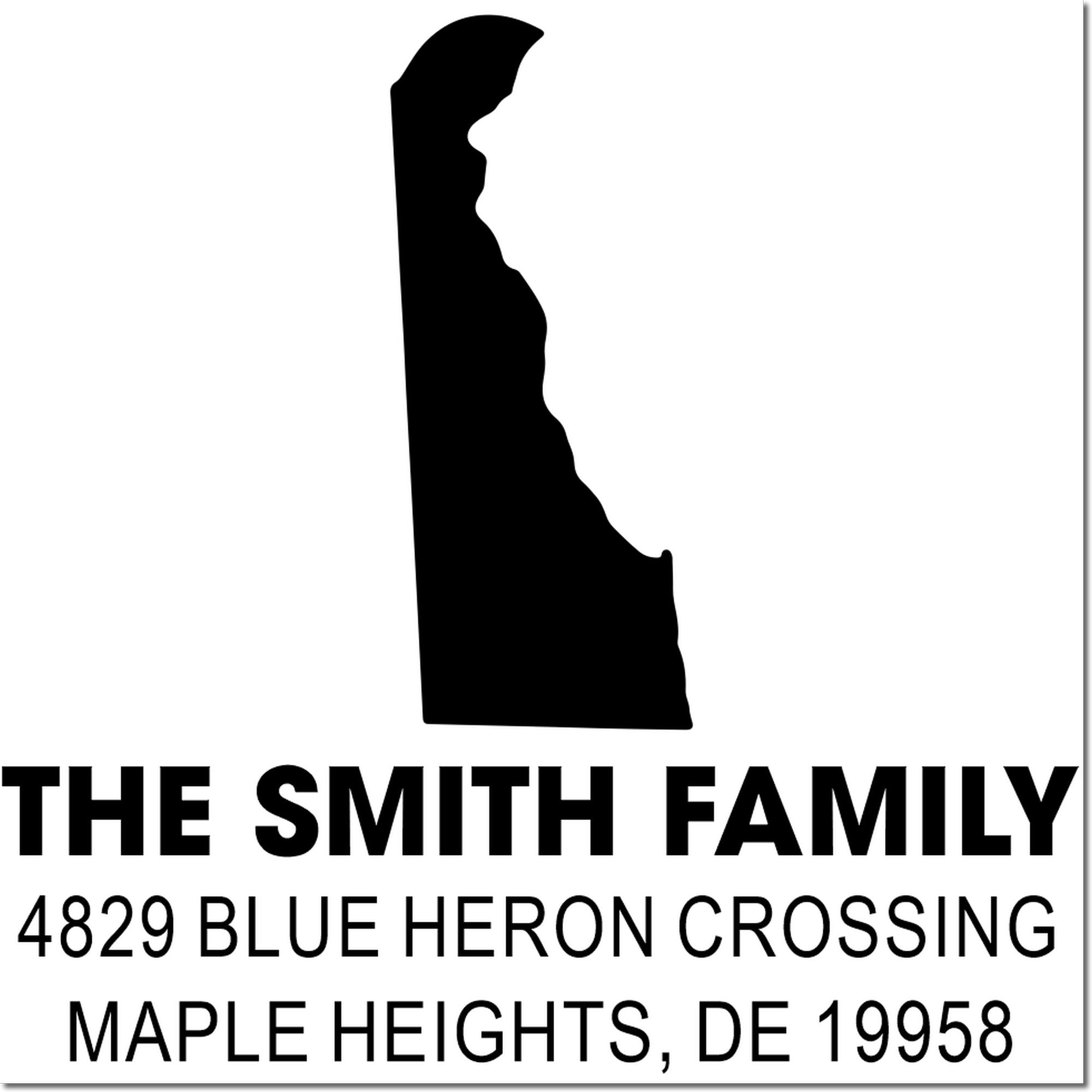 Custom Delaware address rubber stamp for The Smith Family, 4829 Blue Heron Crossing, Maple Heights, DE 19958.