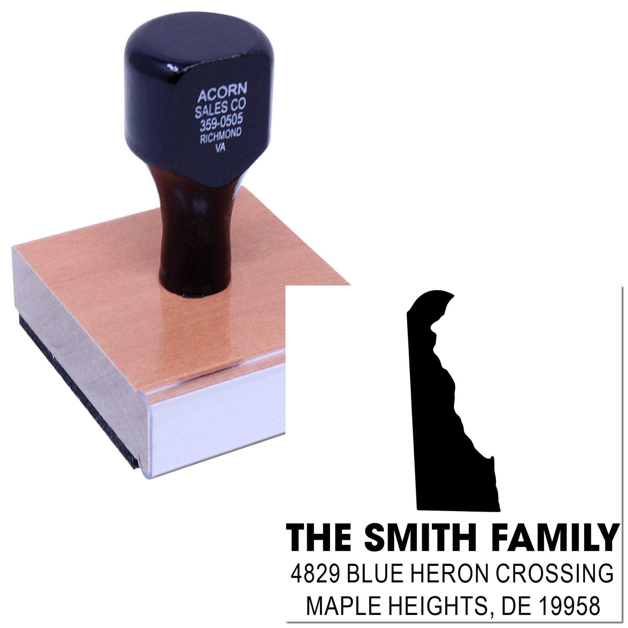 Custom family address rubber stamp with personalized return address imprint for mailing, branding, or home use.