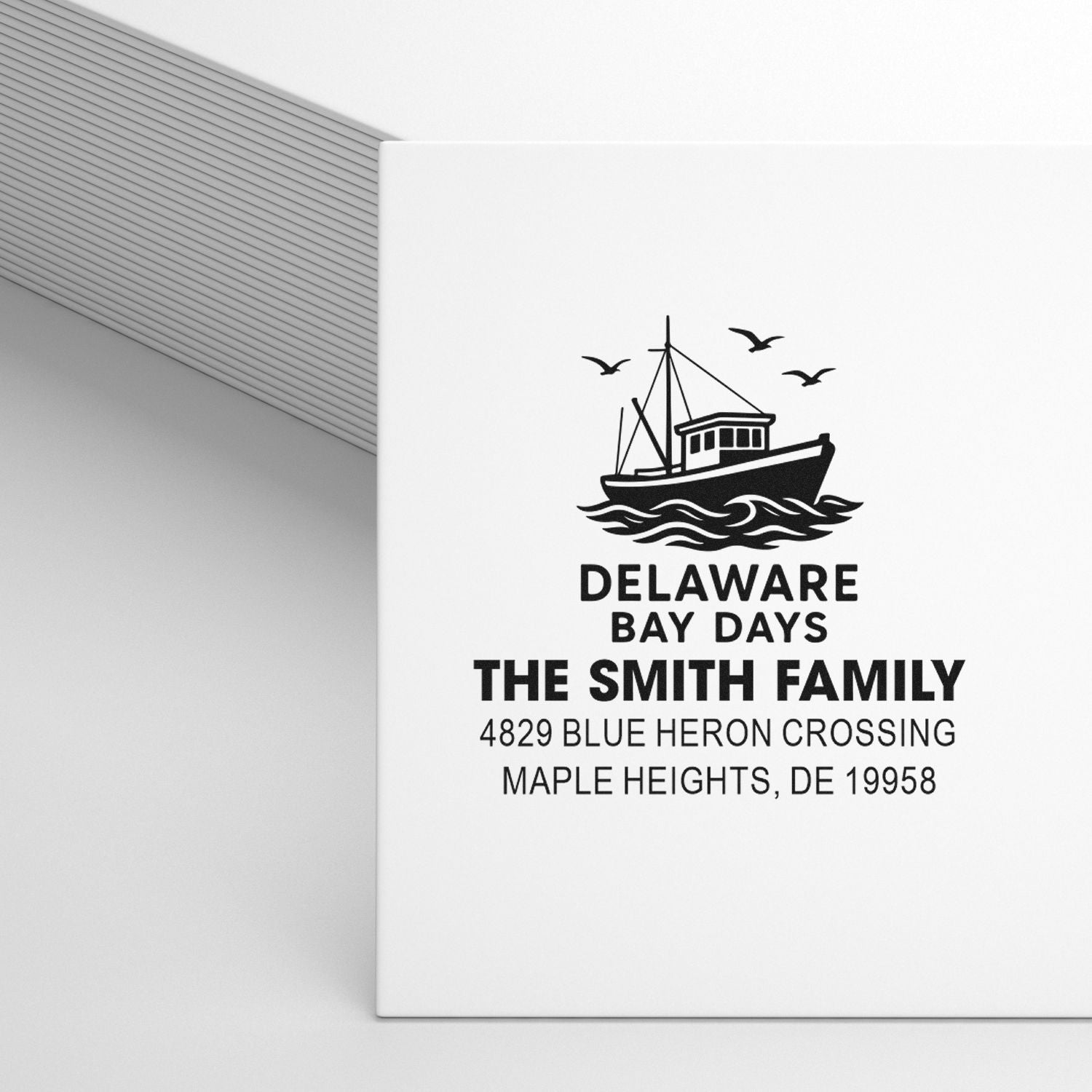 Custom nautical address rubber stamp for The Smith Family, featuring boat design, Delaware Bay Days, and Maple Heights, DE.