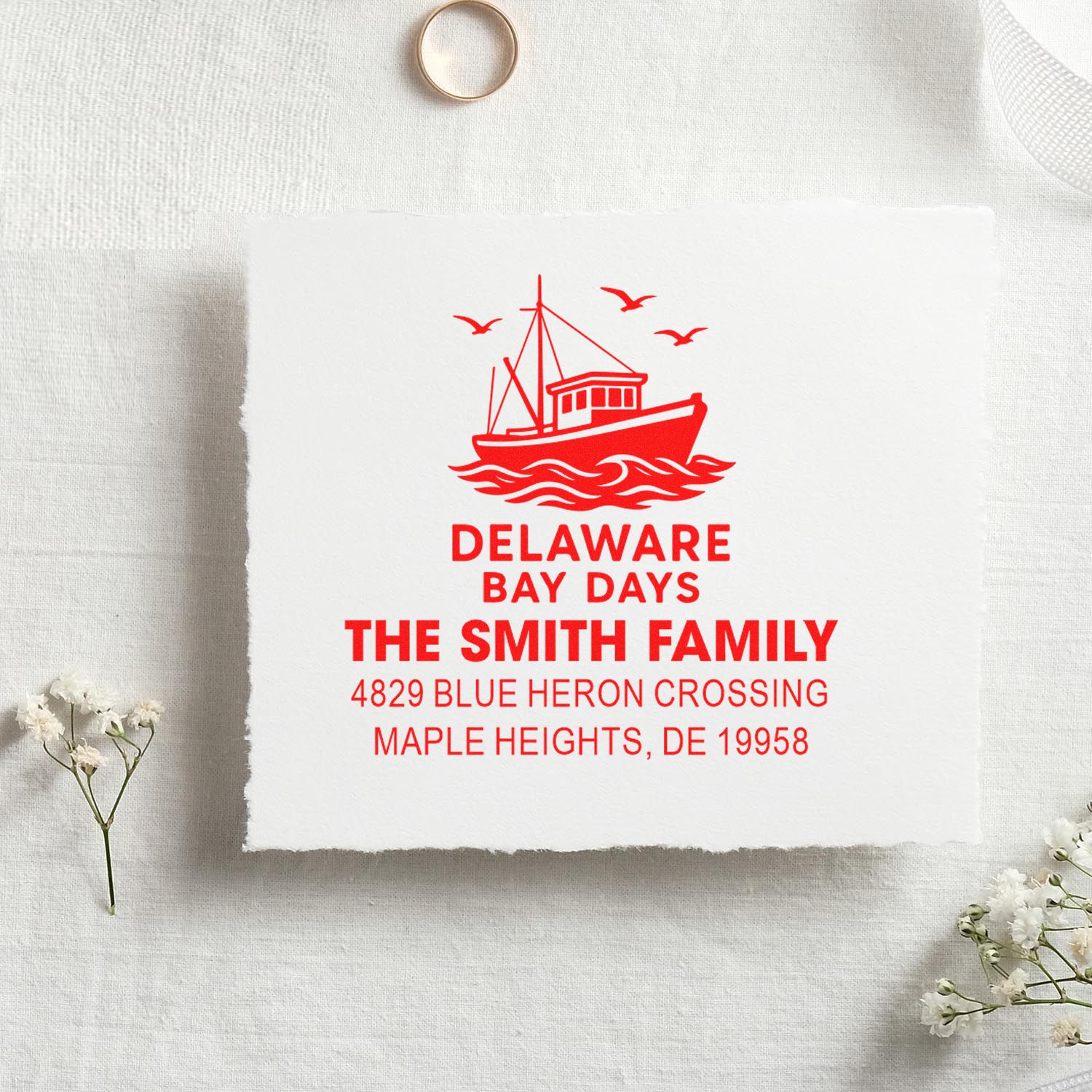Custom nautical return address rubber stamp with fishing boat design for The Smith Family, Delaware Bay Days, Maple Heights, DE