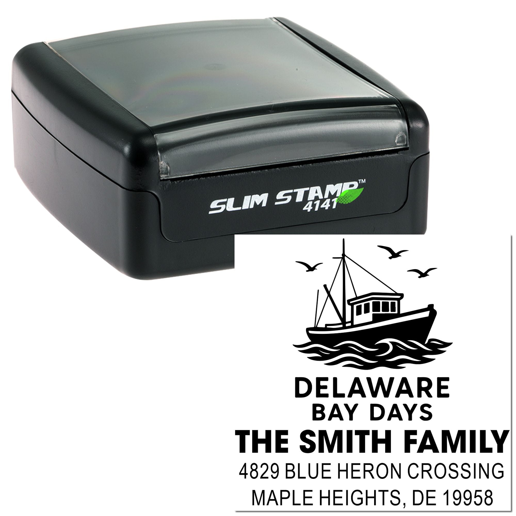 Custom self-inking rubber stamp with Delaware Bay Days family address and boat logo for personalized mailing