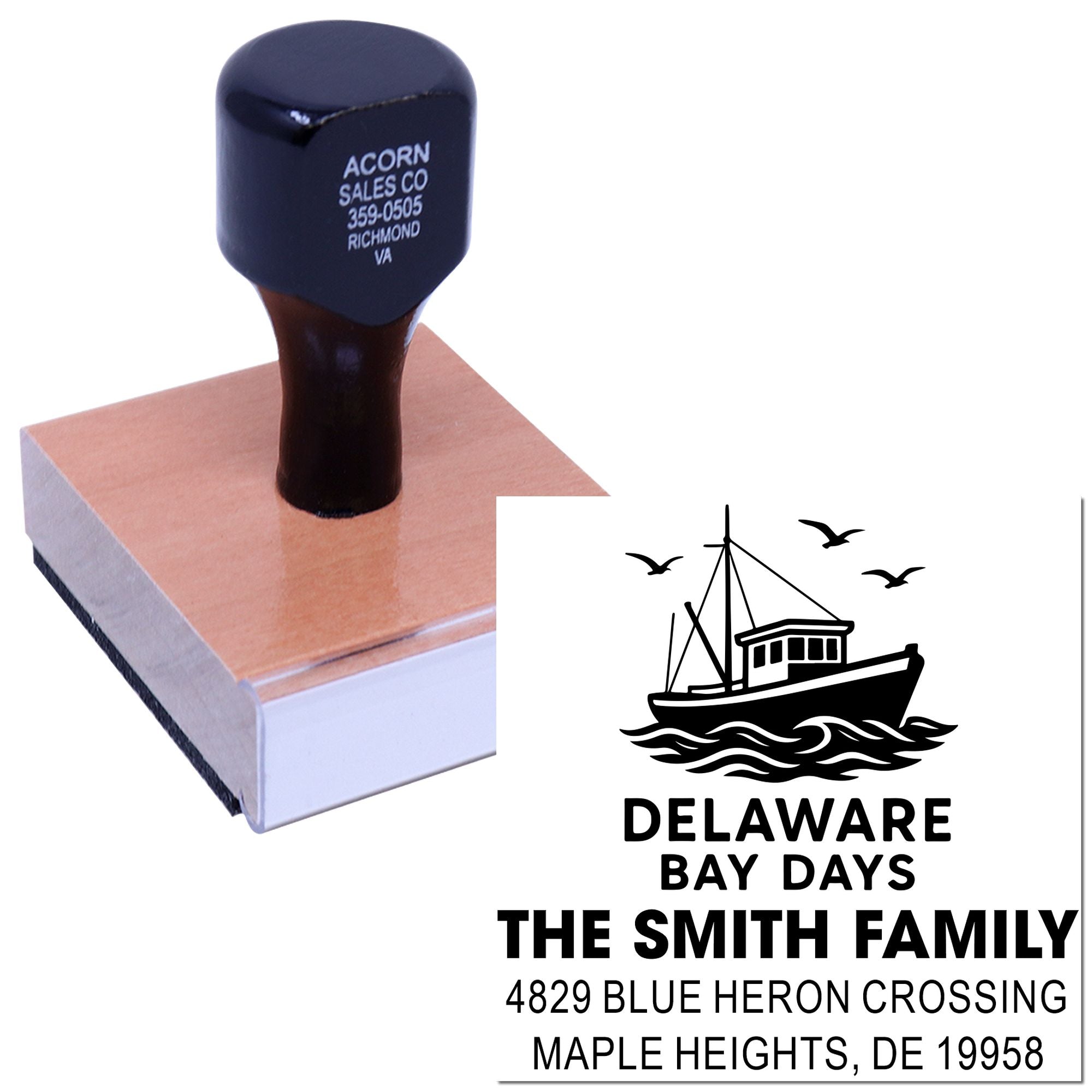 Custom rubber stamp with sample imprint for Delaware Bay Days, The Smith Family address and personalized branding.