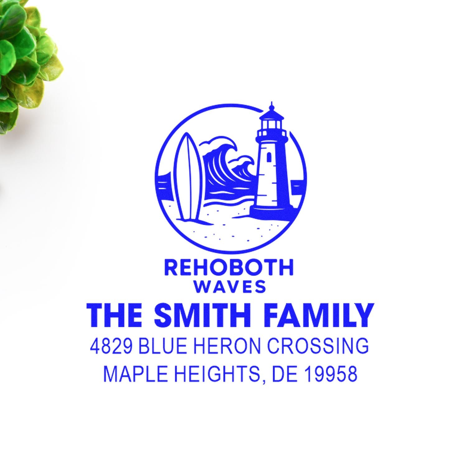 Personalized family return address rubber stamp with Rehoboth Waves lighthouse logo for The Smith Family, Maple Heights, DE 19958