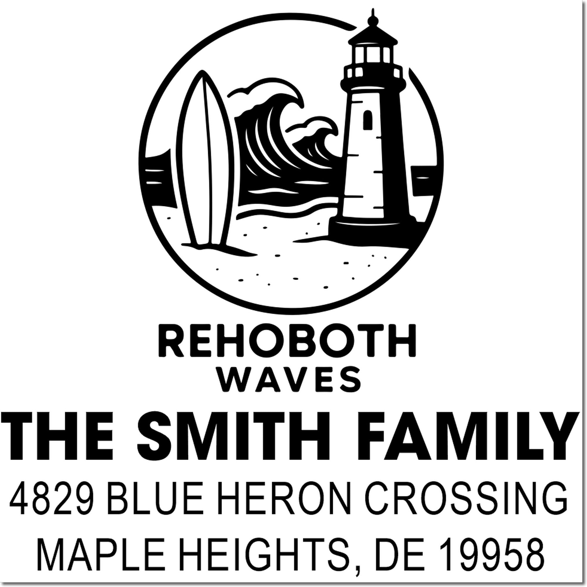 Custom Rehoboth Waves address rubber stamp with lighthouse and surf logo, The Smith Family, Blue Heron Crossing, Maple Heights, DE.