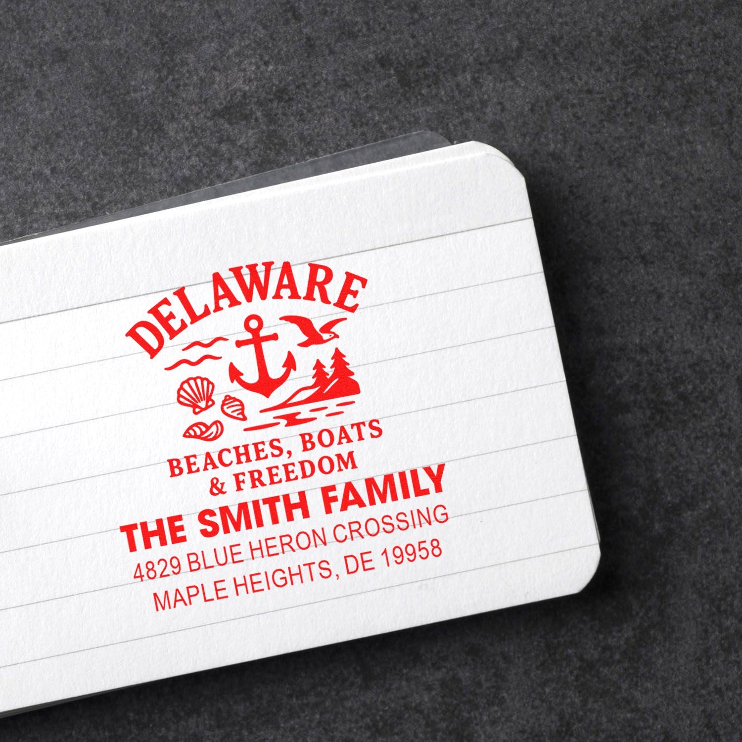 Personalized return address rubber stamp with nautical Delaware design for The Smith Family.