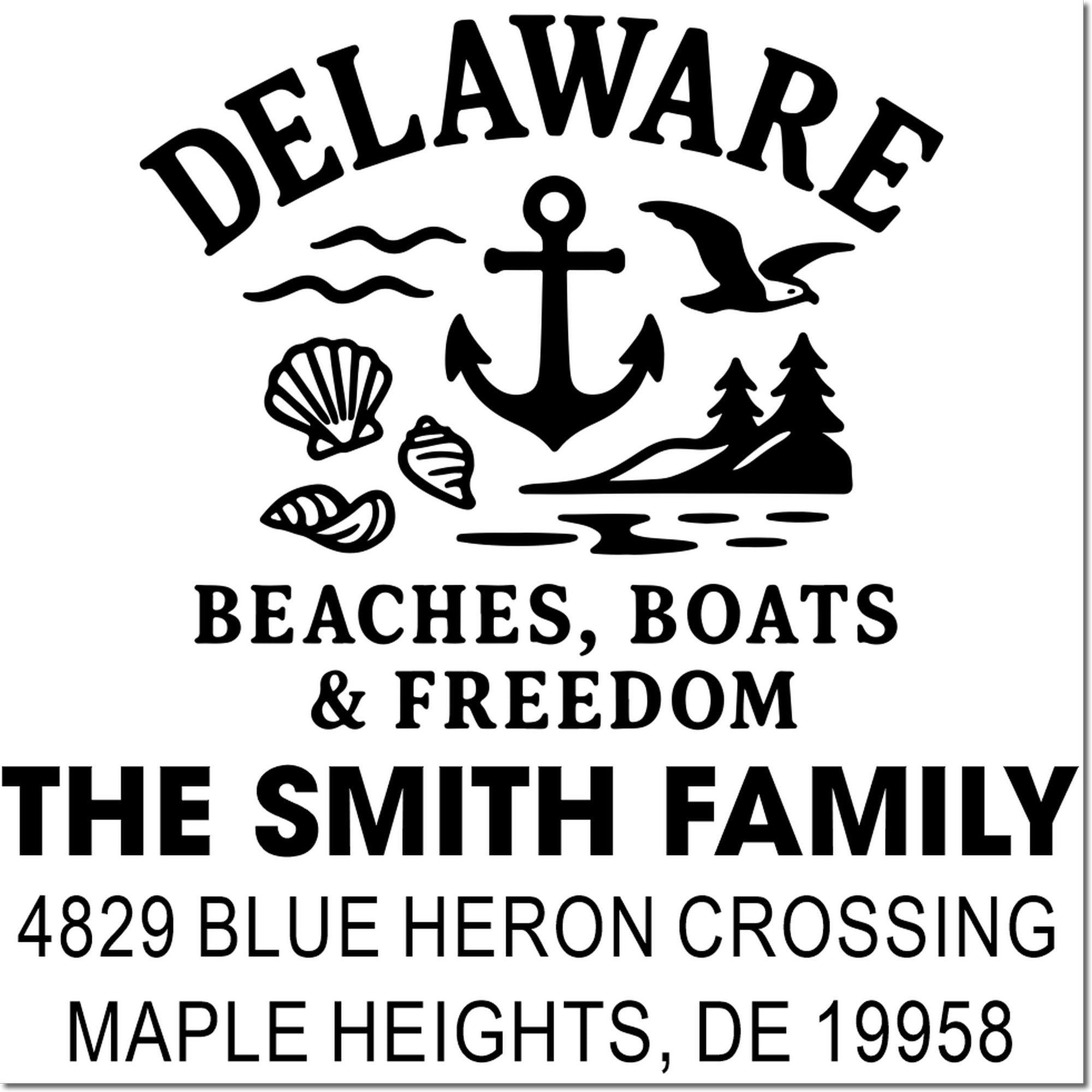 Custom Delaware rubber stamp with nautical icons, family name, and return address for The Smith Family in Maple Heights, DE.