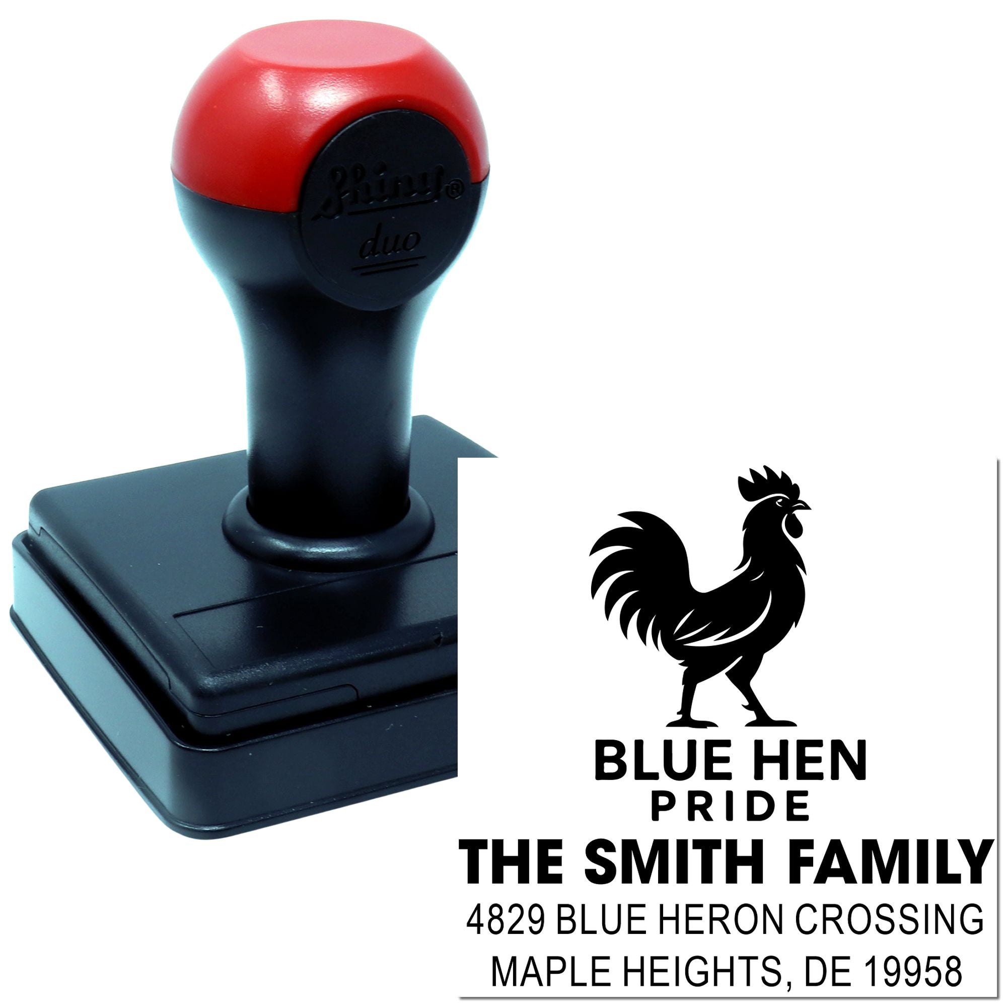 Custom self-inking rubber address stamp with rooster logo for Blue Hen Pride, The Smith Family, Maple Heights, DE.