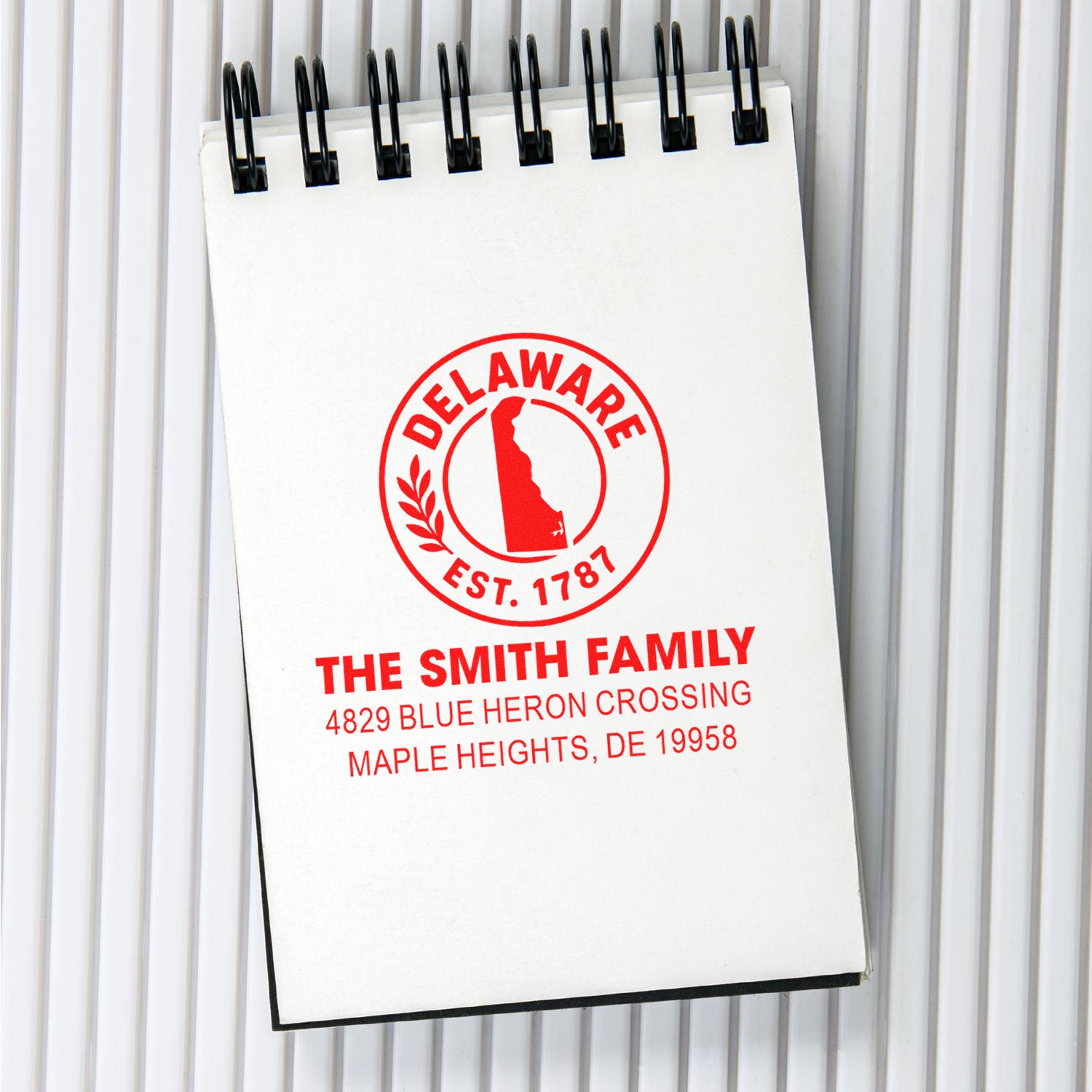 Custom Delaware return address rubber stamp with Smith family name and Blue Heron Crossing address.