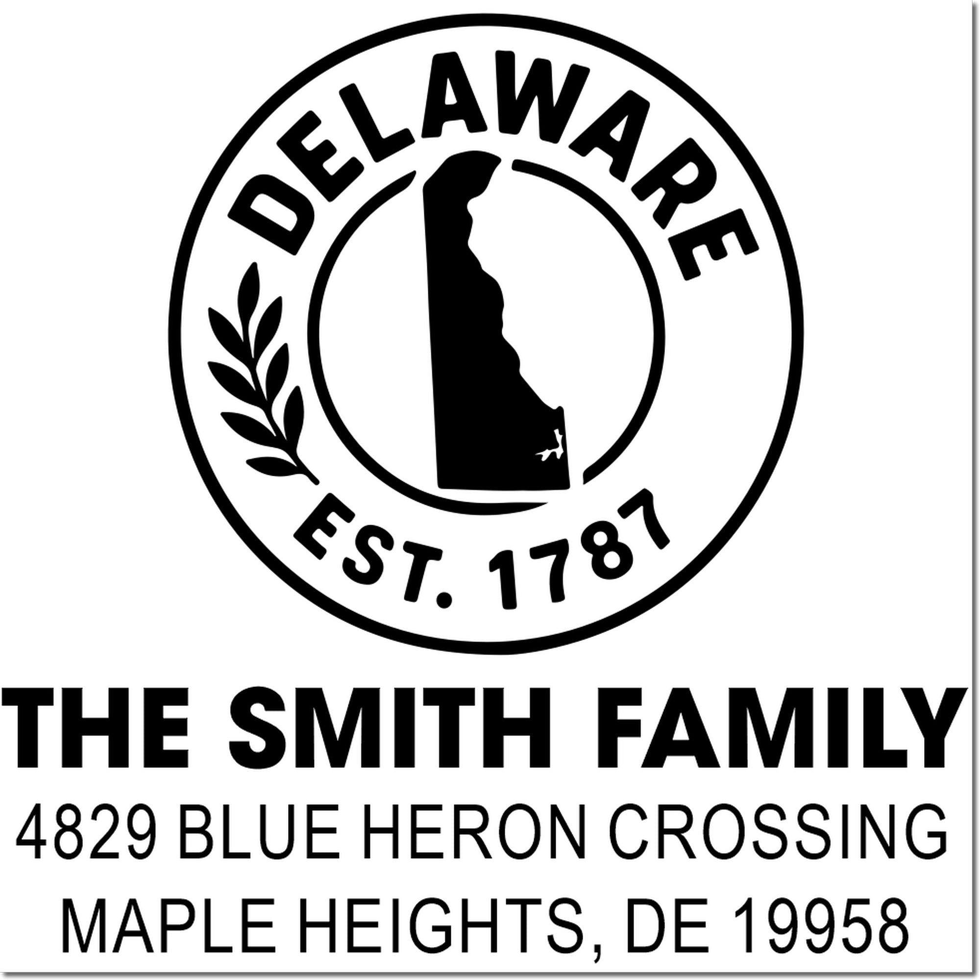 Custom Delaware address rubber stamp for The Smith Family, 4829 Blue Heron Crossing, Maple Heights, DE 19958.