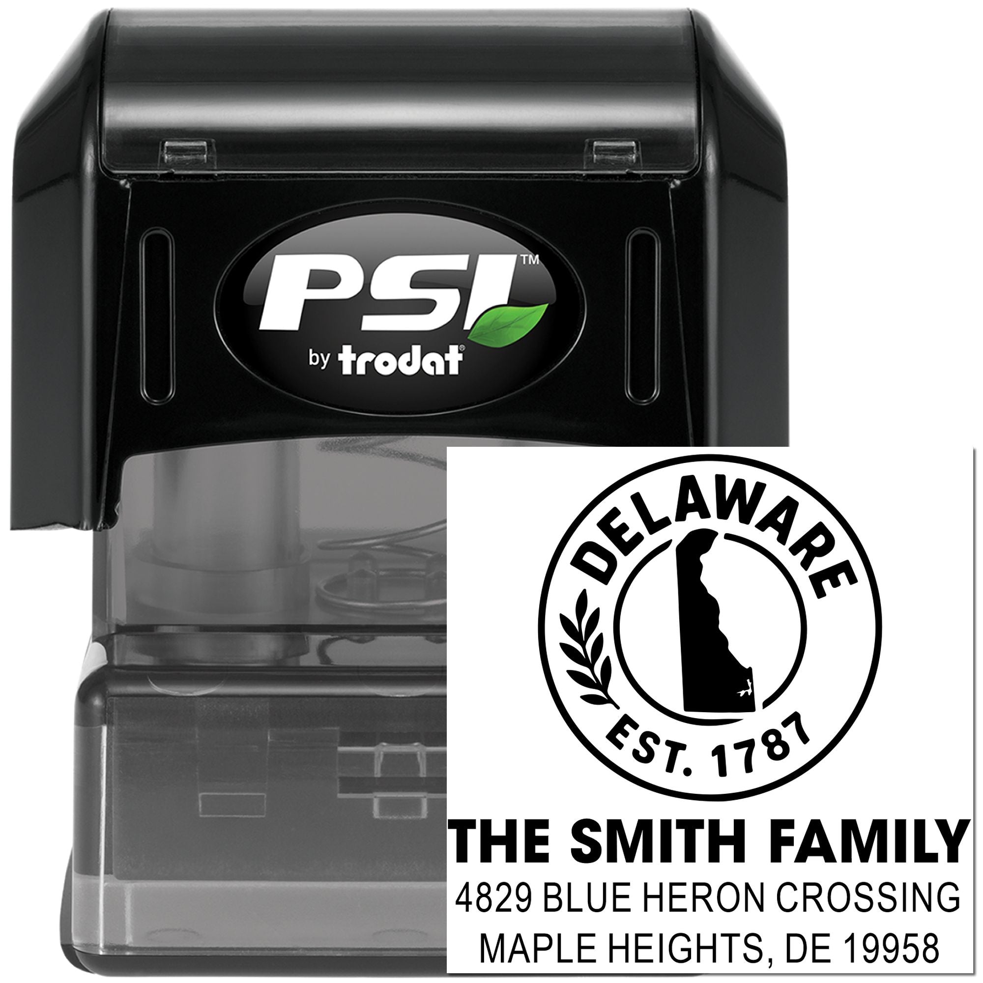 Delaware self-inking address rubber stamp with custom family name, street address, and ZIP code for mailing.
