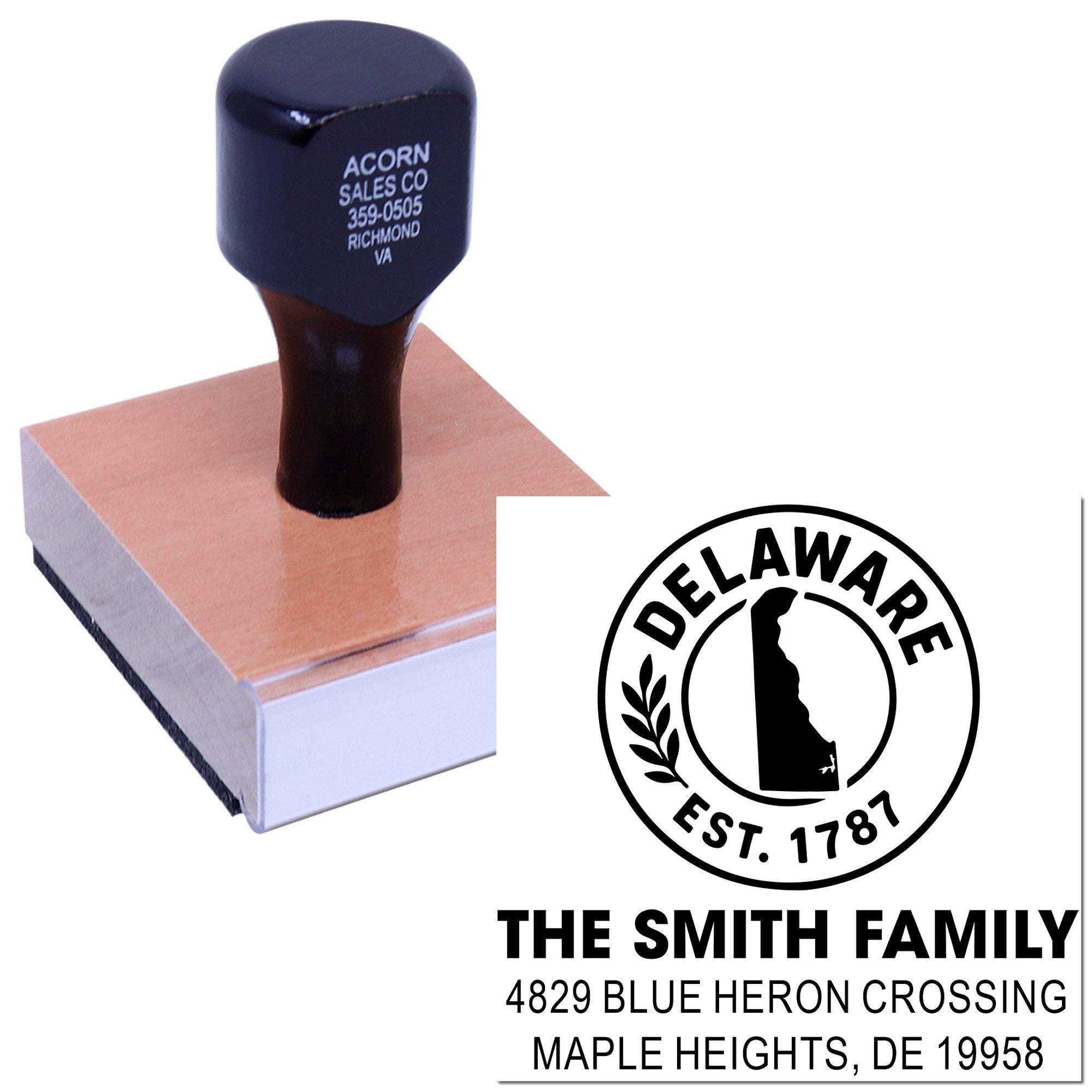 Self-inking custom Delaware return address rubber stamp for The Smith Family with state seal and mailing address.