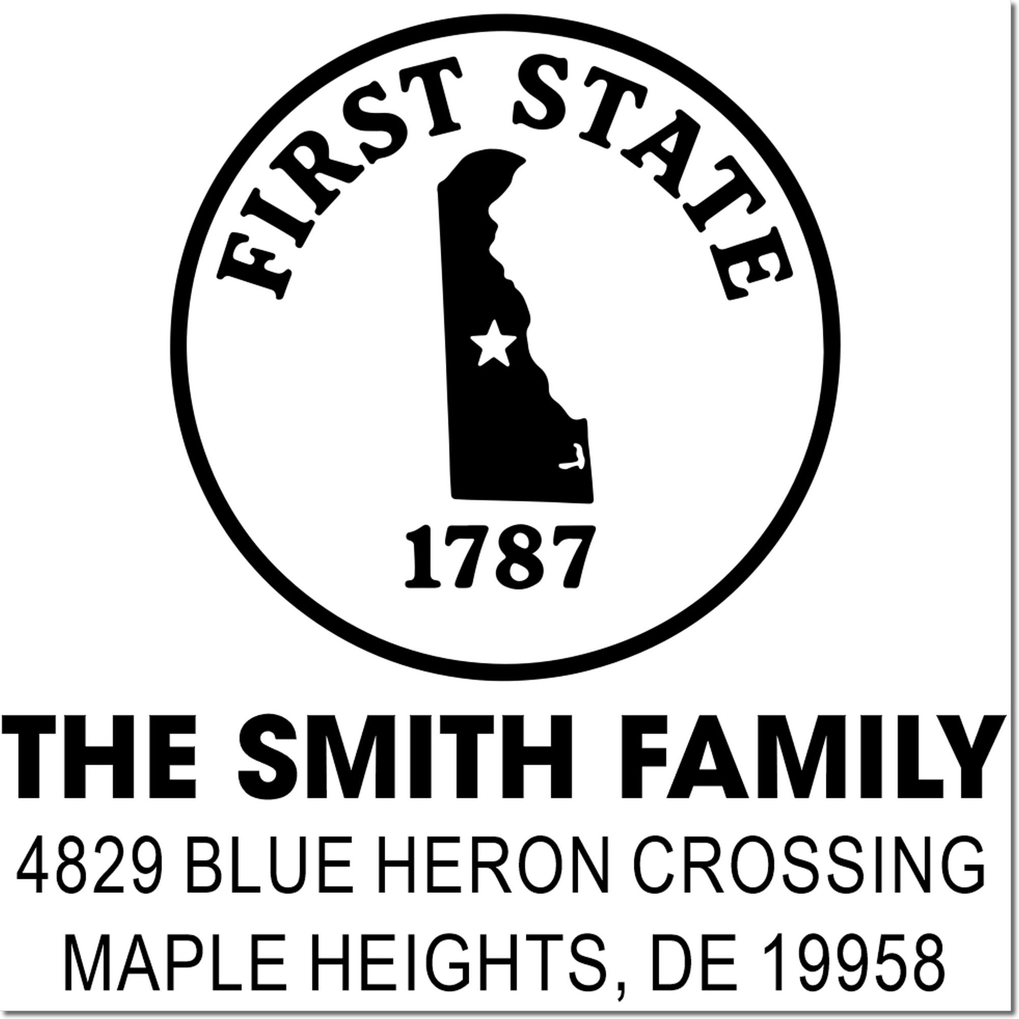Custom Delaware family return address rubber stamp with state outline, The Smith Family, Maple Heights, DE 19958.