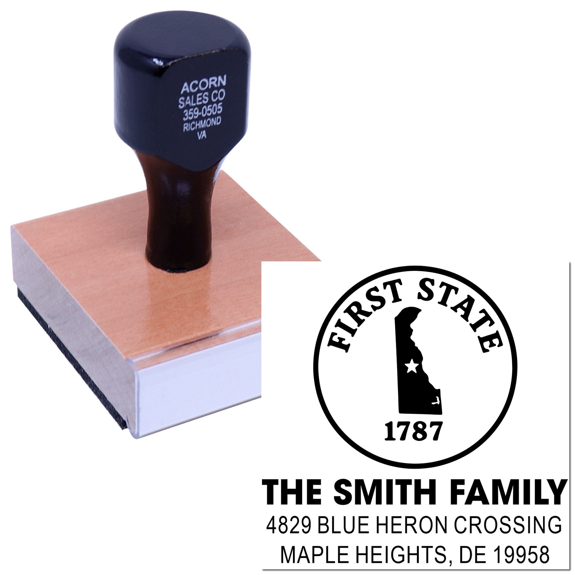 Custom return address rubber stamp with Virginia state seal for personalized family mail, envelopes, and stationery.