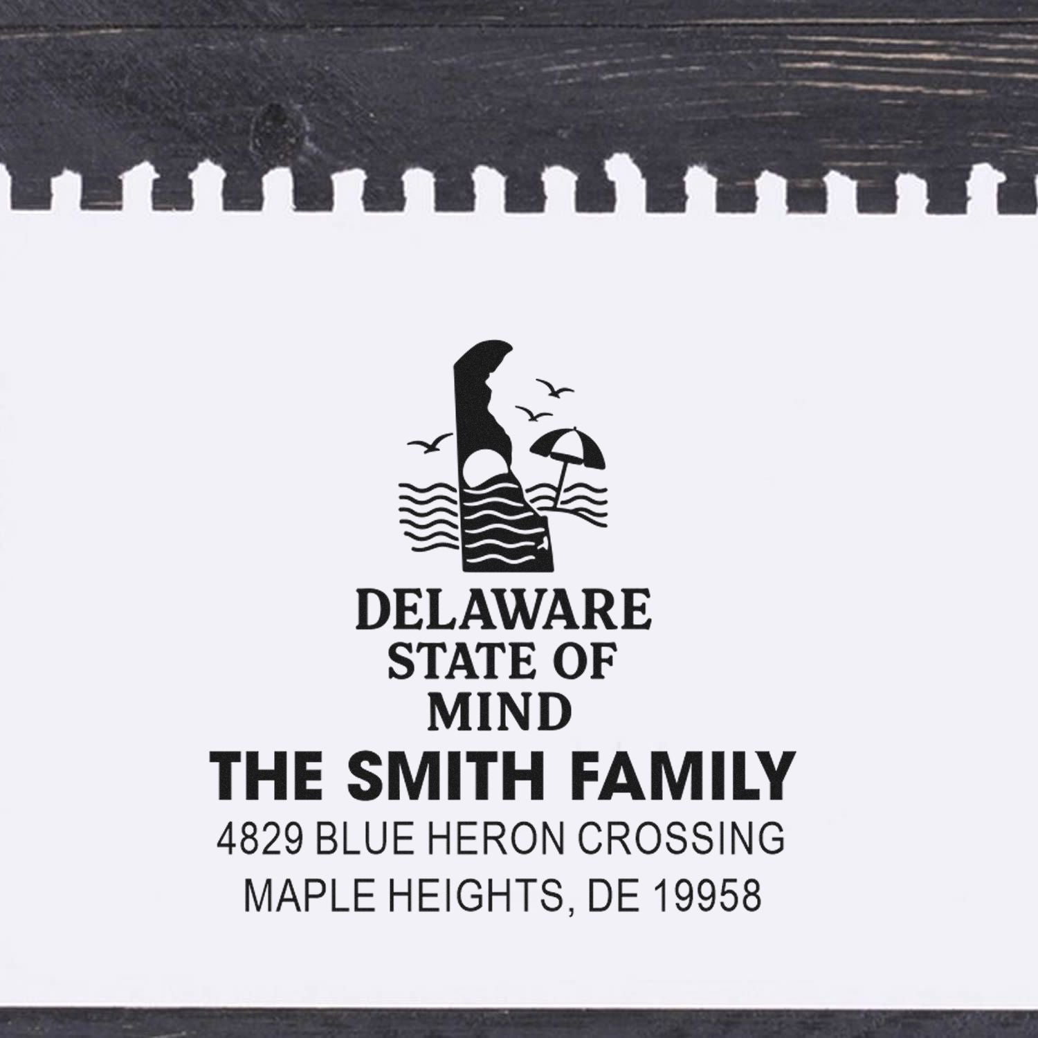 Personalized Delaware-themed return address rubber stamp for The Smith Family, Blue Heron Crossing, Maple Heights.