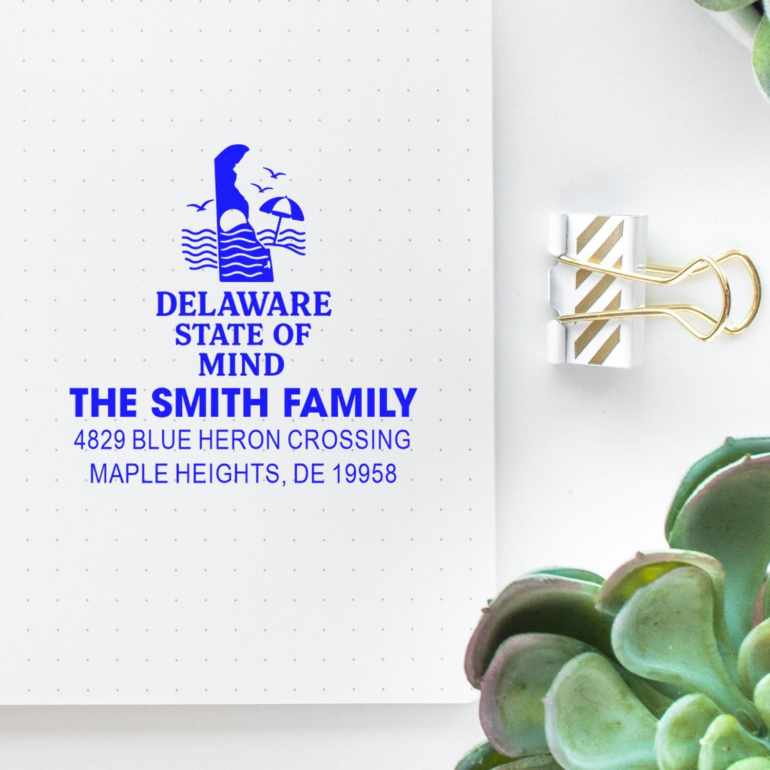 Personalized Delaware return address rubber stamp for The Smith Family with beach logo and Maple Heights, DE address.