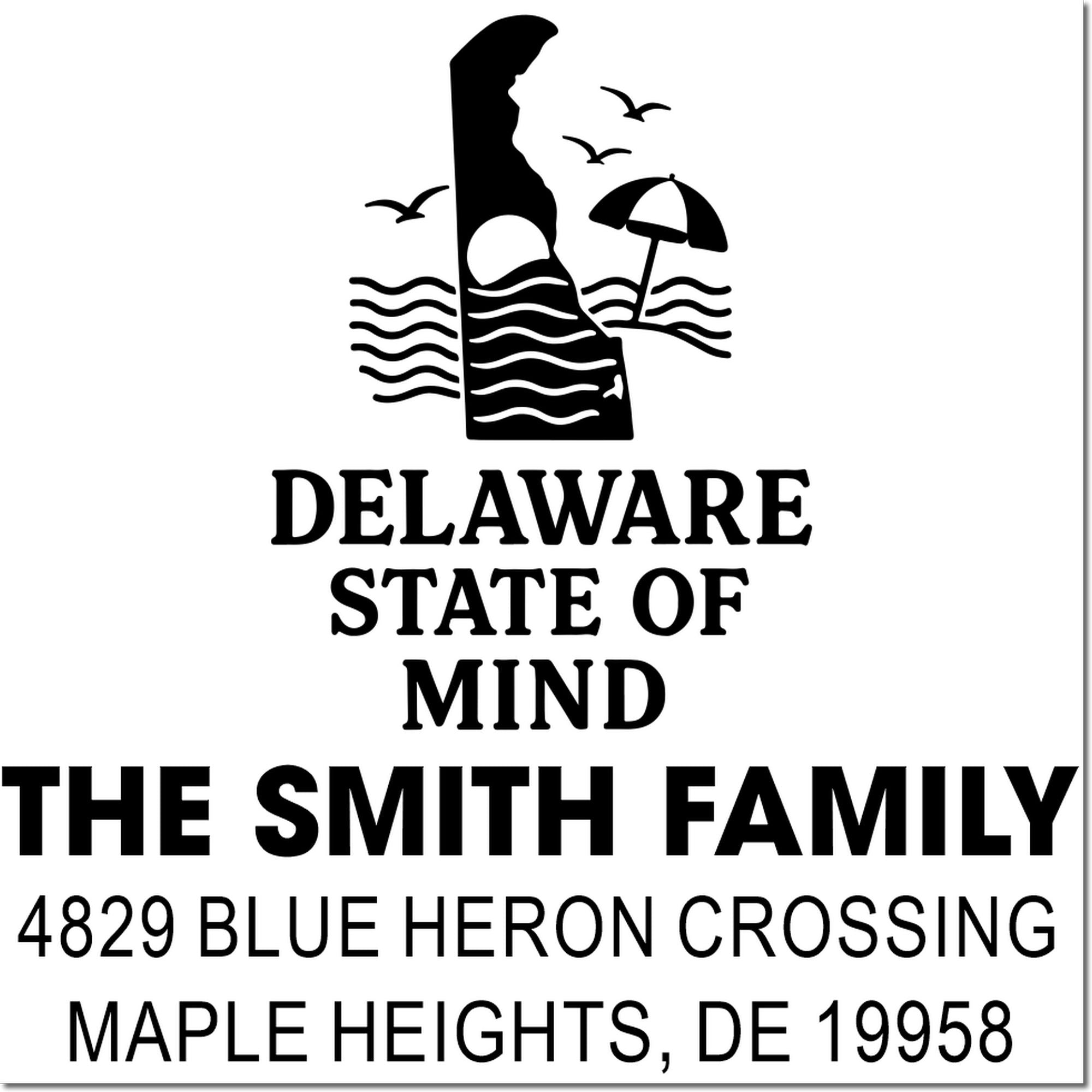 Custom Delaware address rubber stamp for The Smith Family, 4829 Blue Heron Crossing, Maple Heights, DE 19958