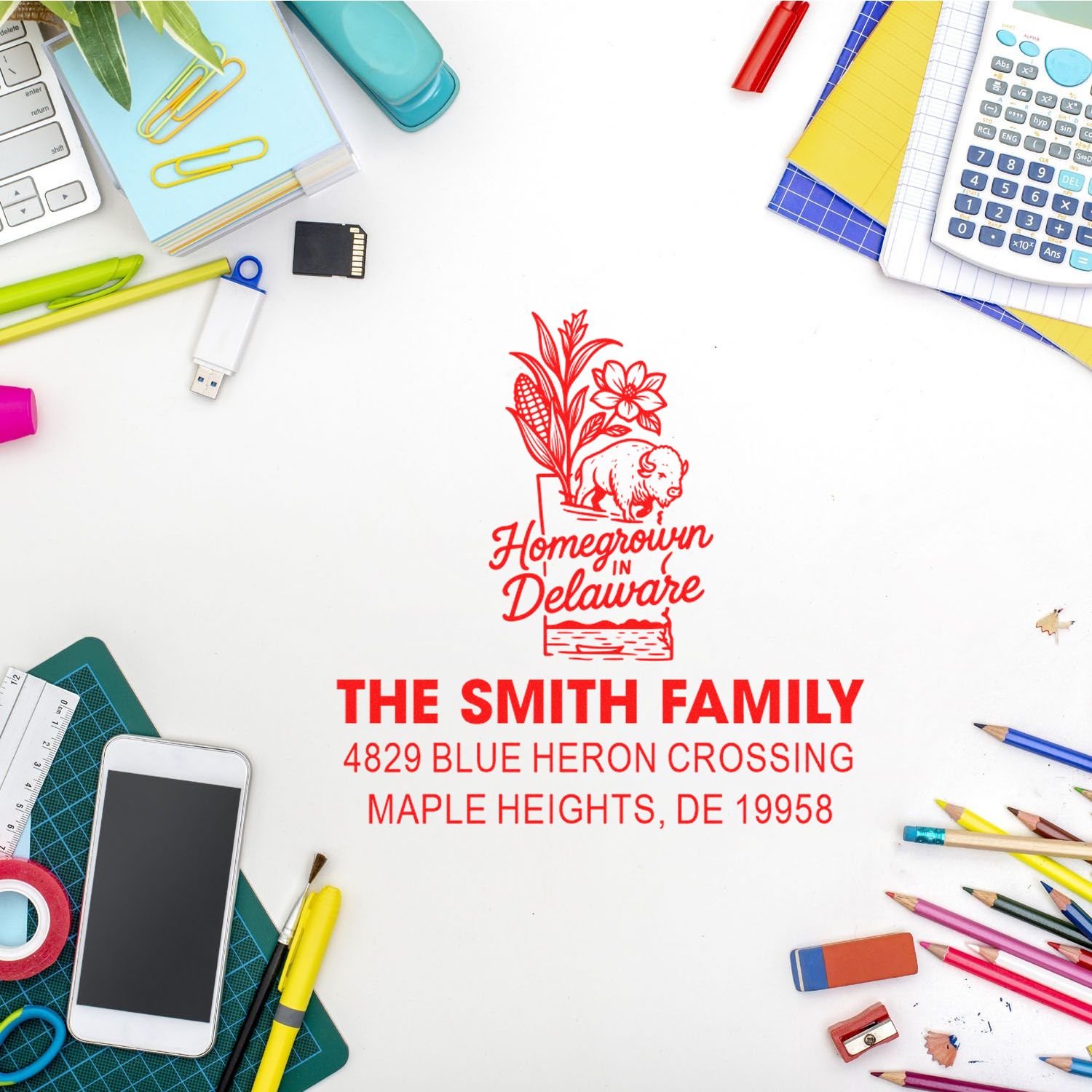Custom rubber address stamp with Homegrown in Delaware design, family name, and mailing address for envelopes.
