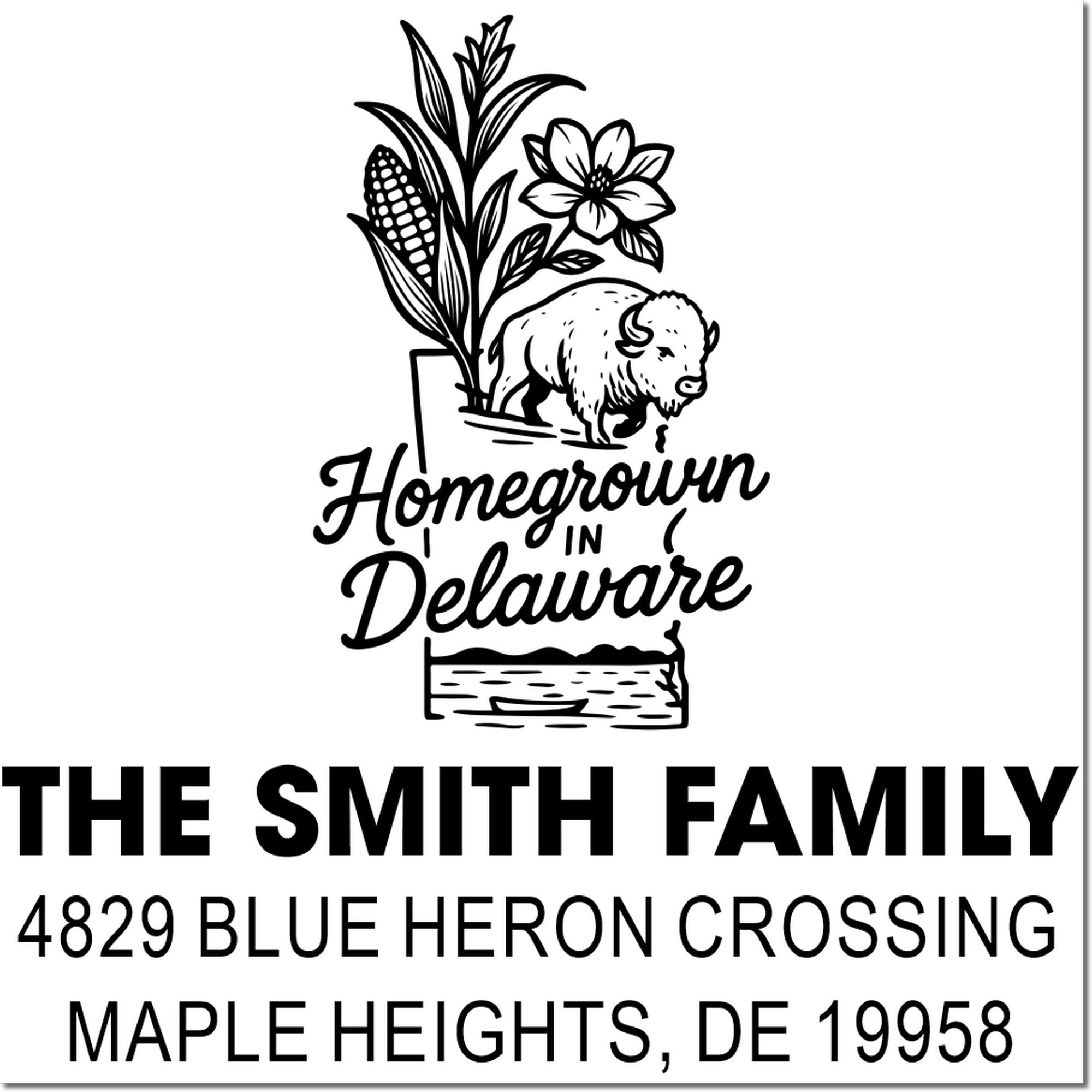 Custom Smith Family return address rubber stamp with homegrown in Delaware bison and floral farm design.