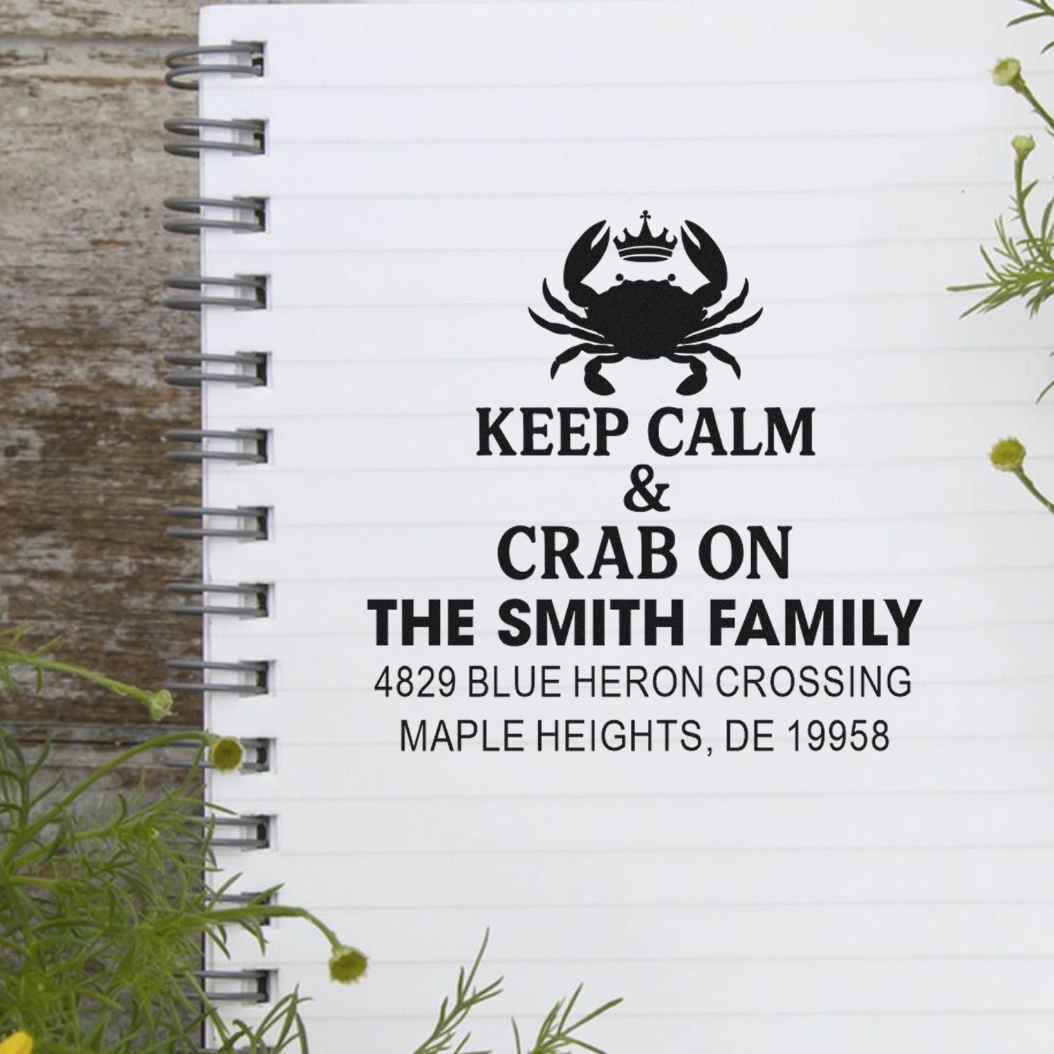 Personalized crab rubber stamp with Keep Calm & Crab On message for The Smith Family address in Maple Heights, DE 19958.